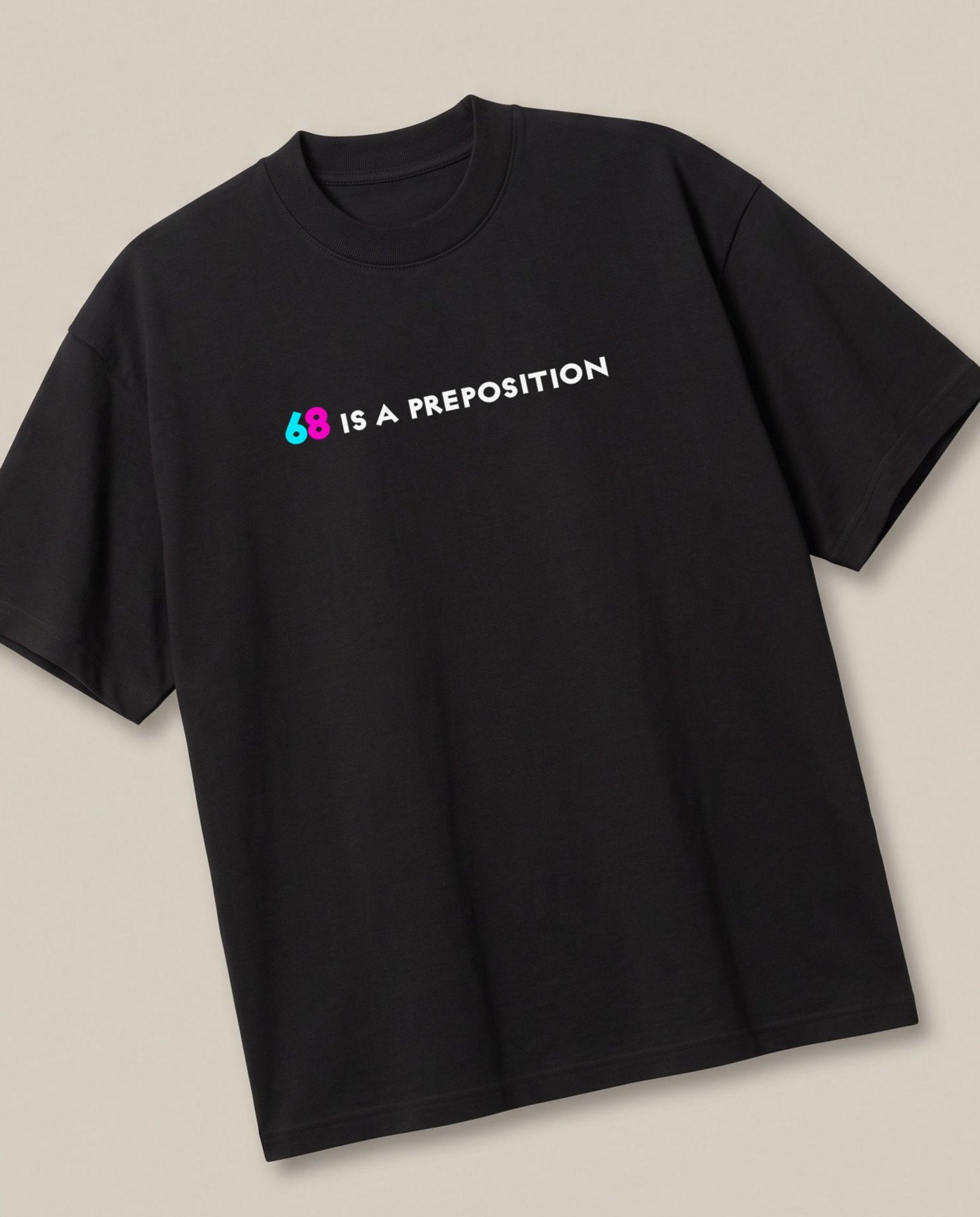 69 Black oversized t-shirt — adult joke, angled view