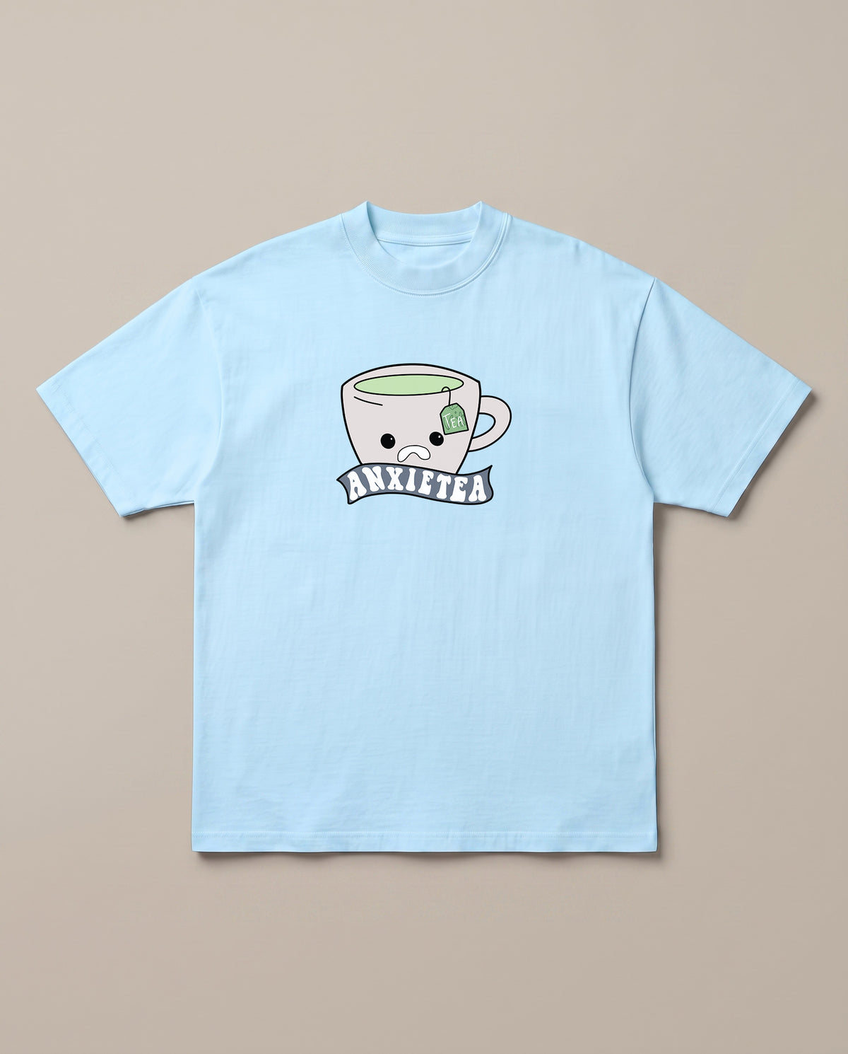 Anxietea Baby Blue oversized t-shirt — cup of tea anxirty, front print
