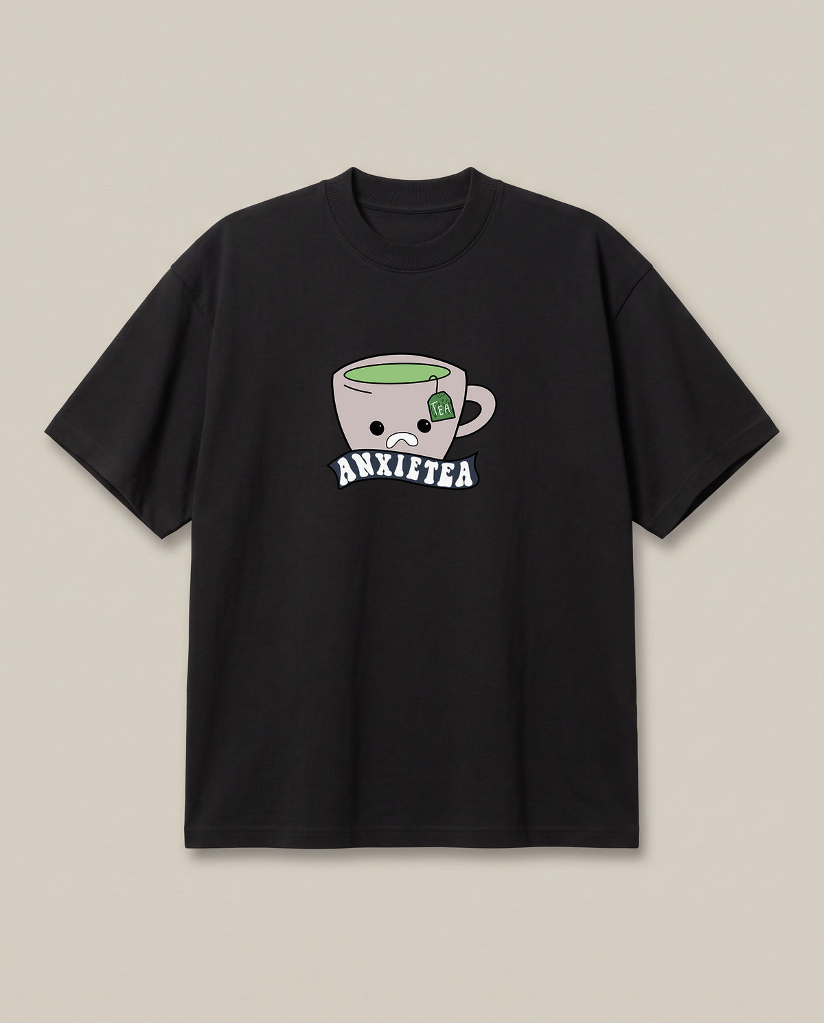 Anxietea Black oversized t-shirt — cup of tea anxirty, front print