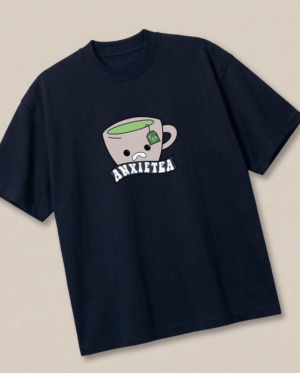 Anxietea Navy oversized t-shirt — cup of tea anxirty, angled view