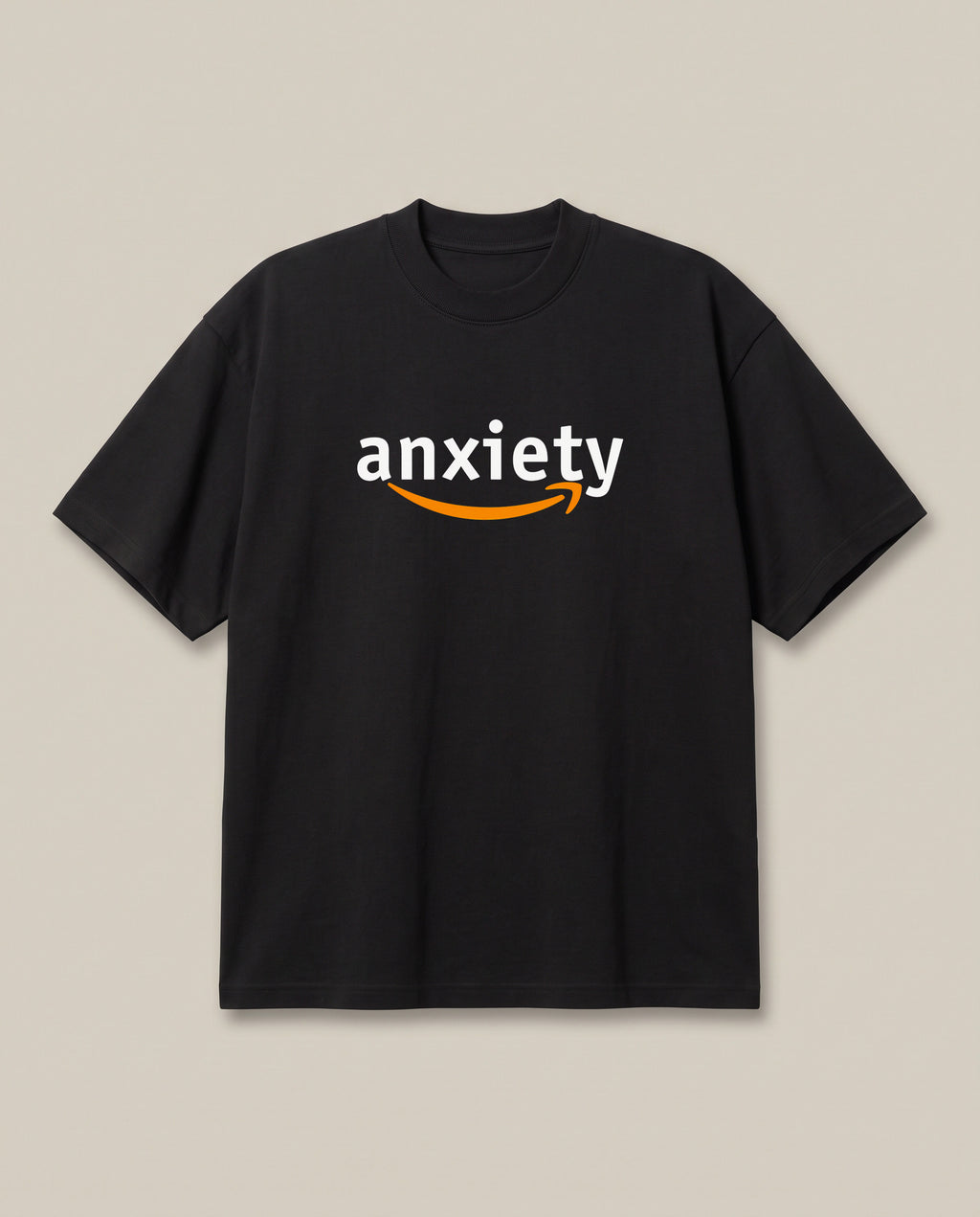Anxiety Black oversized t-shirt — amazon logo parody corporate, front print