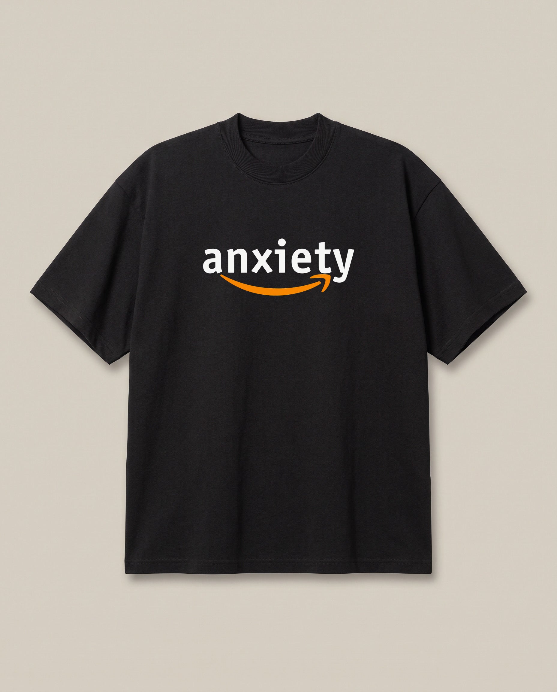 Anxiety Black oversized t-shirt — amazon logo parody corporate, front print