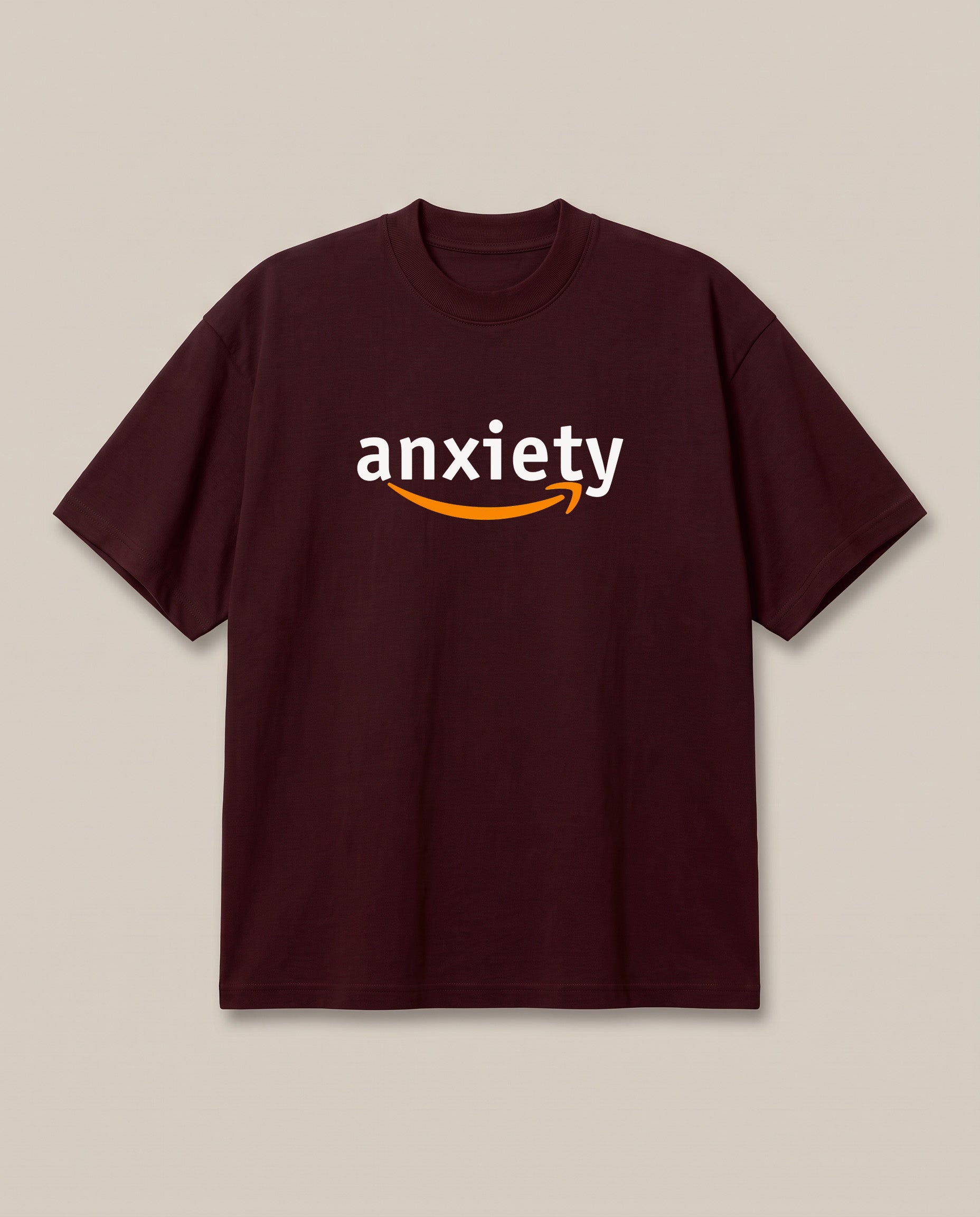 Anxiety Maroon oversized t-shirt — amazon logo parody corporate, front print