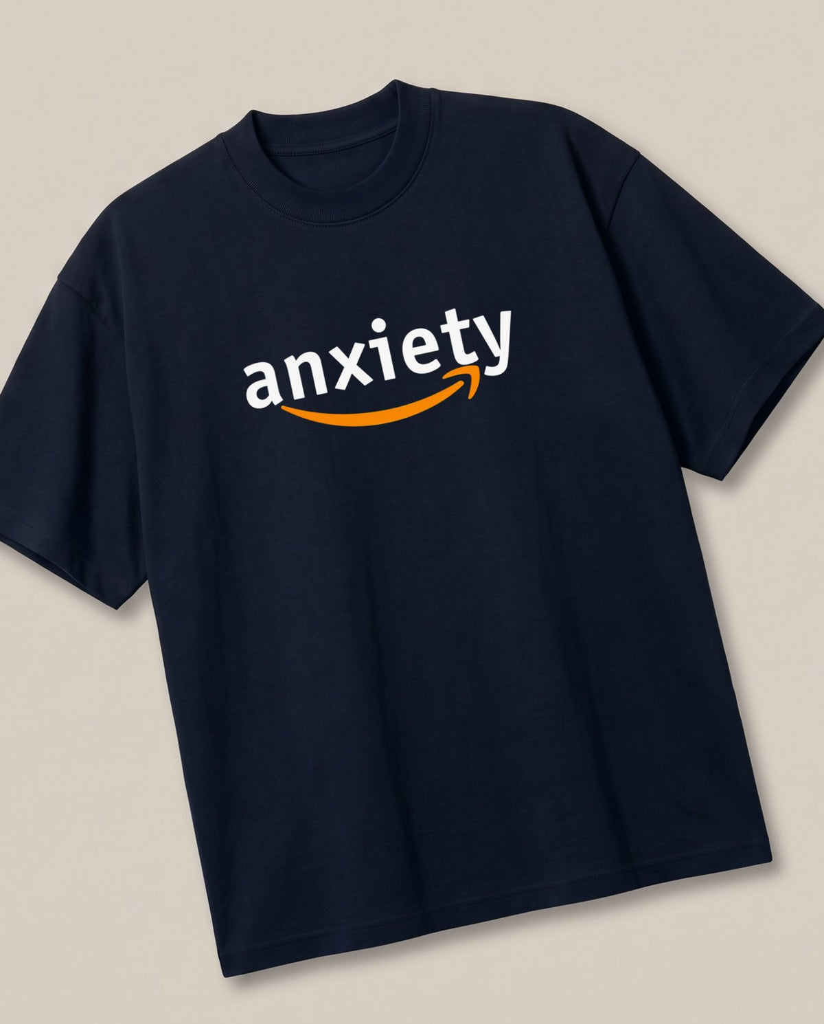 Anxiety Navy oversized t-shirt — amazon logo parody corporate, angled view