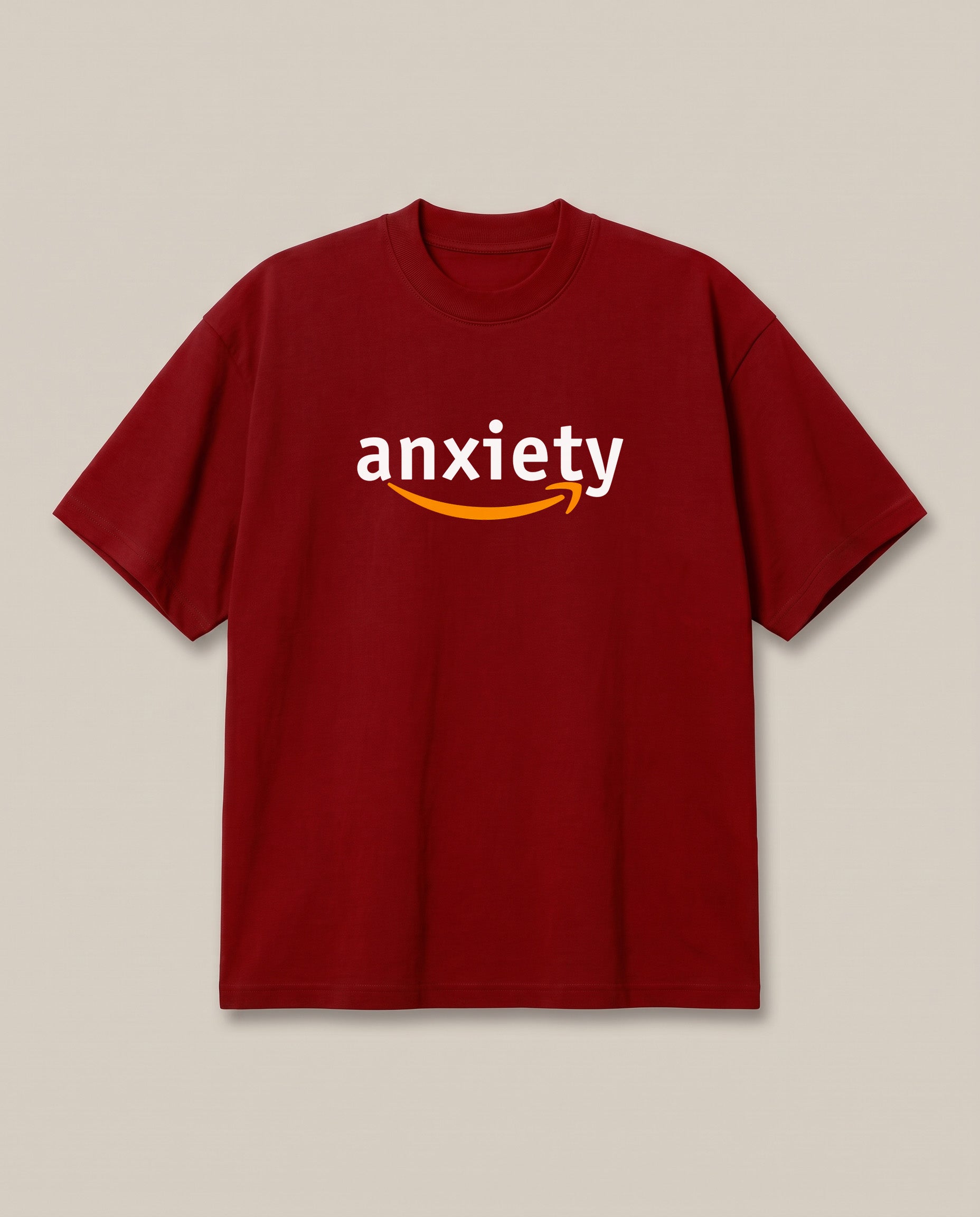 Anxiety Red oversized t-shirt — amazon logo parody corporate, front print