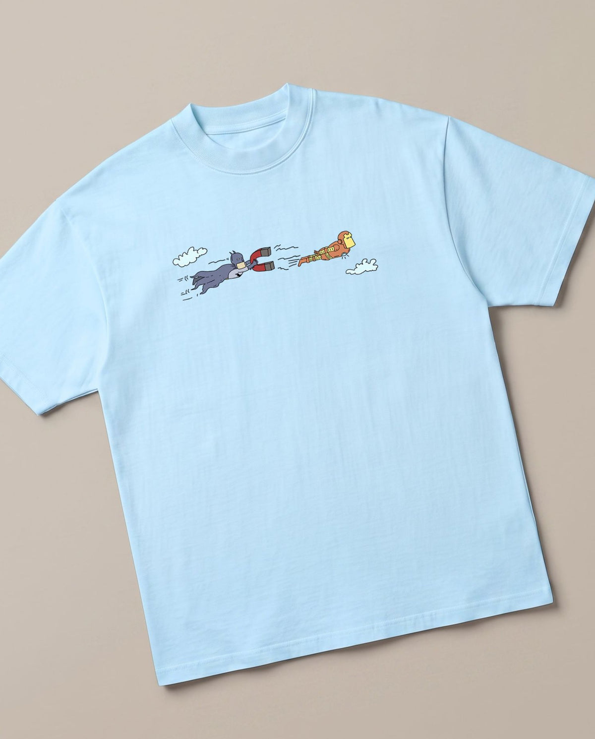 Batman Vs Iron Man Baby Blue oversized t-shirt — marvel dc funny, angled view