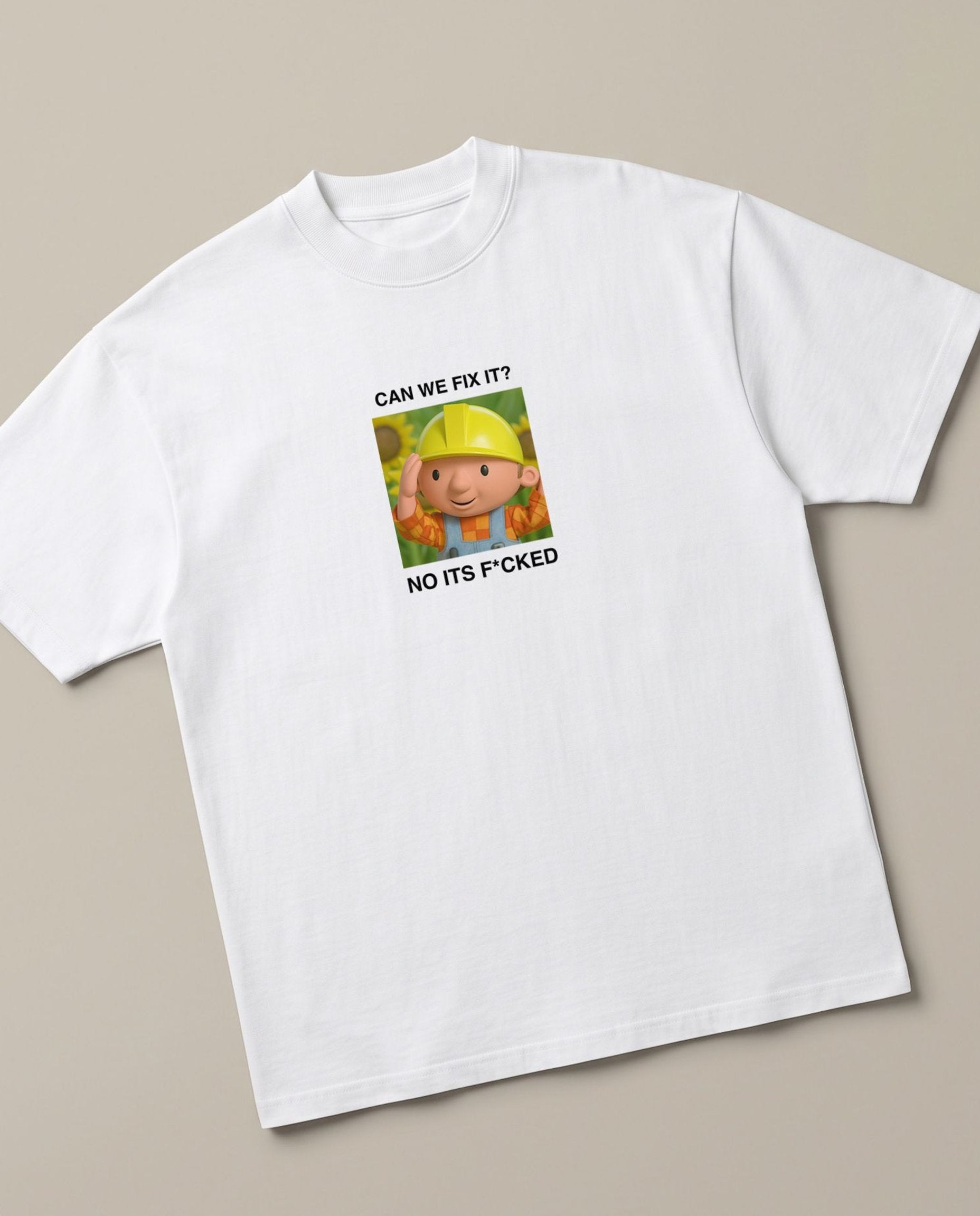 Bob The Builder White oversized t-shirt — bob the builder thinks we cant do it, angled view