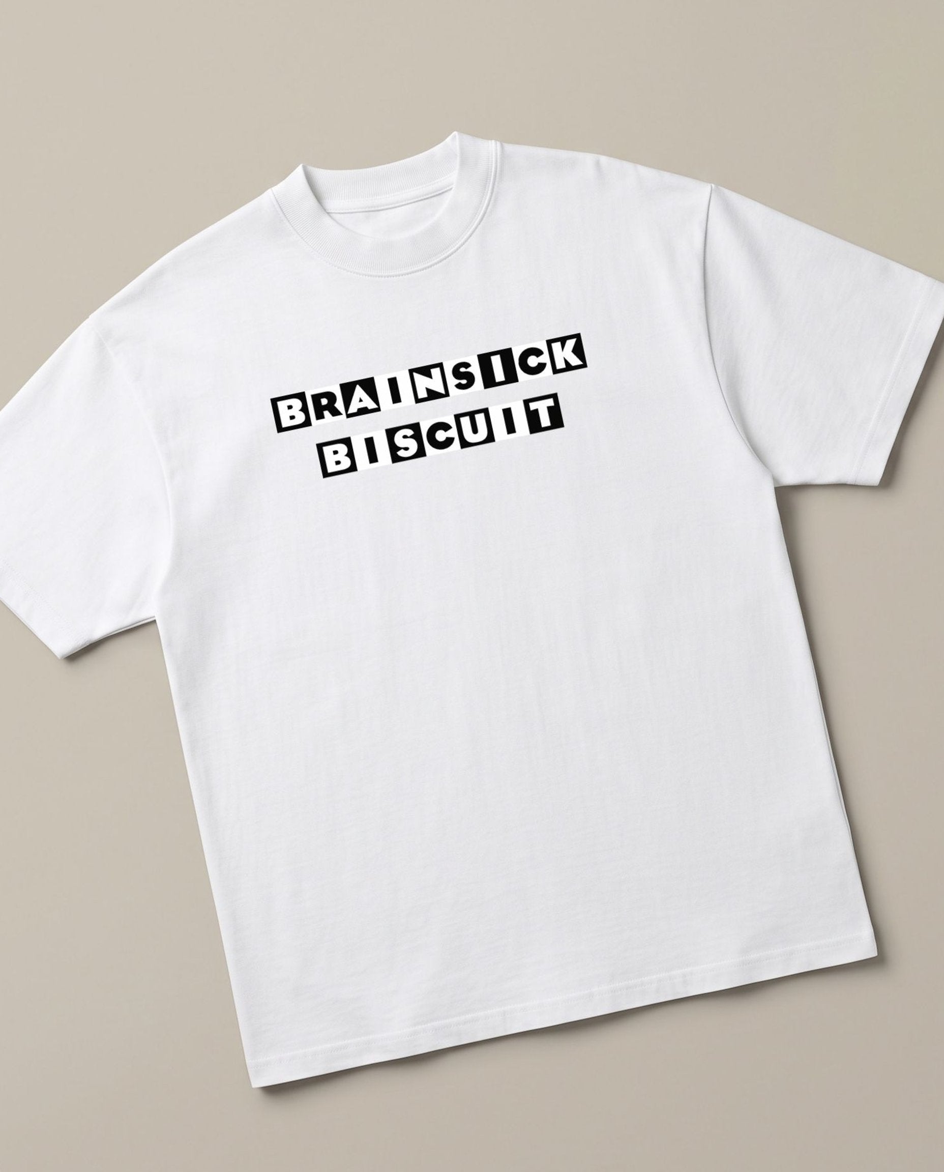 Brainsick Biscuit White oversized t-shirt — brainsick biscuit logo in cartoon netwrok parody, angled view