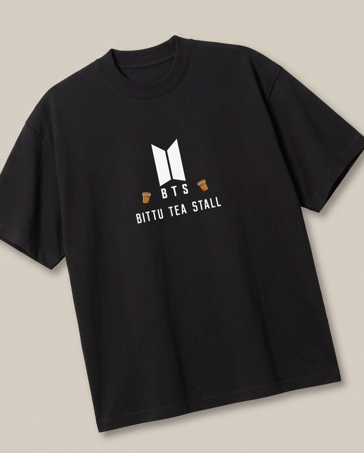 Bittu Tea Stall(BTS) Black oversized t-shirt — bts parody, angled view