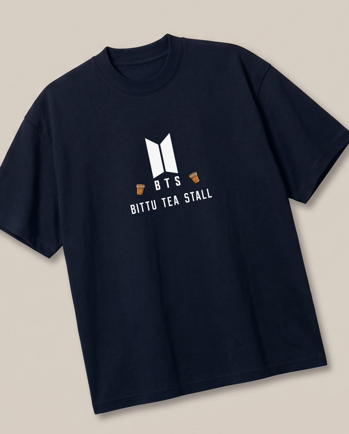 Bittu Tea Stall(BTS) Navy oversized t-shirt — bts parody, angled view