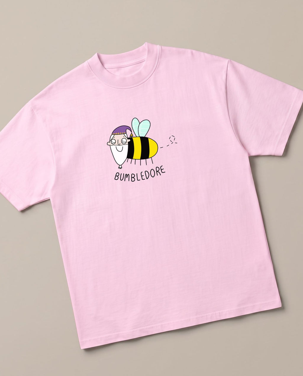 Bumbledore Baby Pink oversized t-shirt — dumbledore bumblebee parody harry potter, angled view