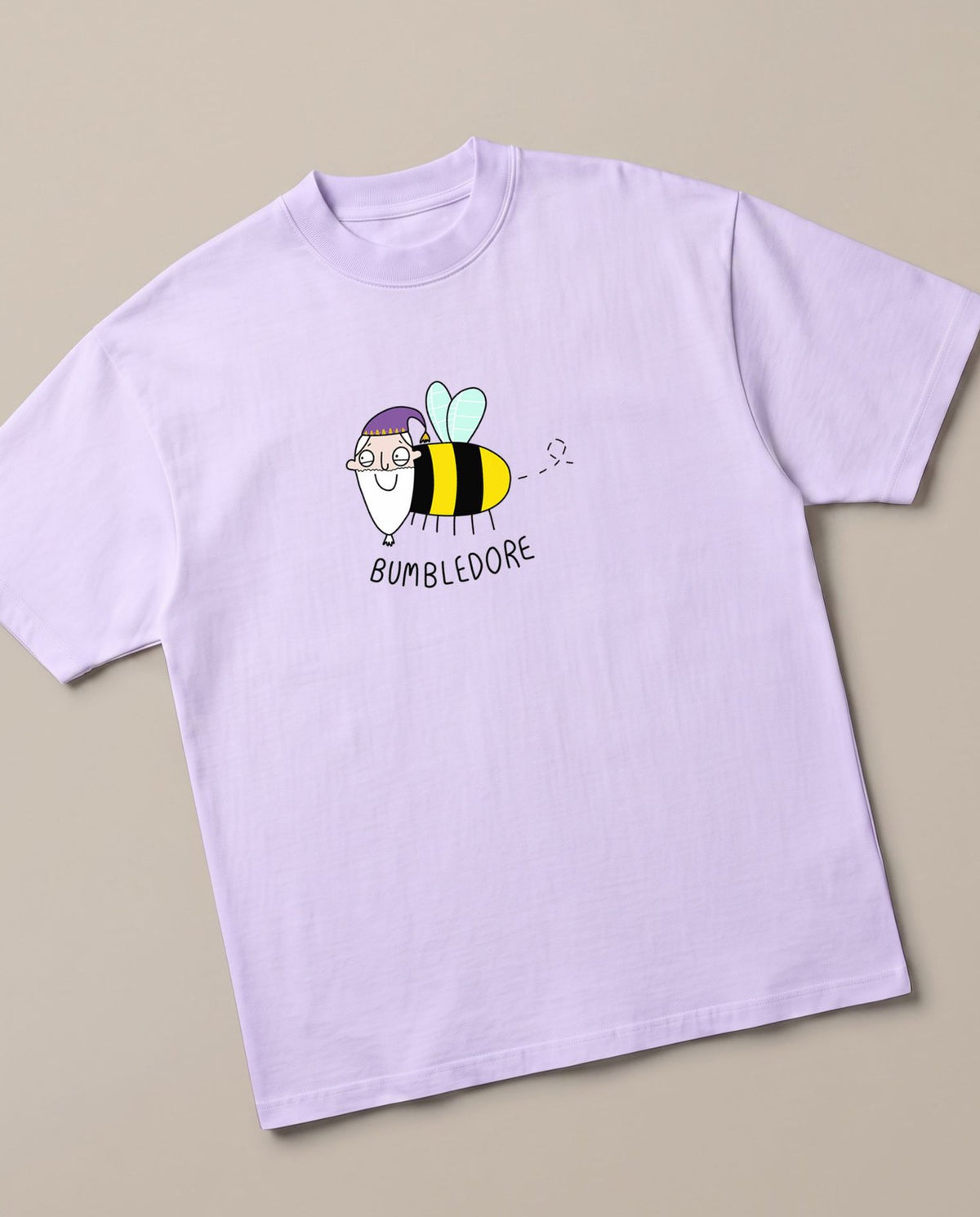 Bumbledore Lavender oversized t-shirt — dumbledore bumblebee parody harry potter, angled view