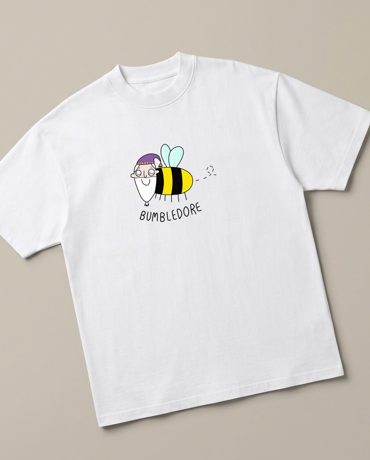 Bumbledore White oversized t-shirt — dumbledore bumblebee parody harry potter, angled view