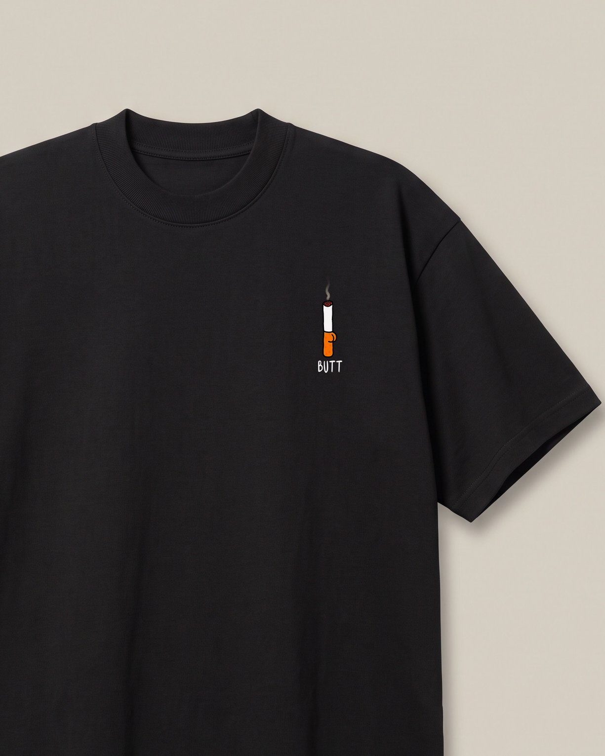 Cigarette Butt Black oversized t-shirt — cigarette butt minimalist pocket pun, front print