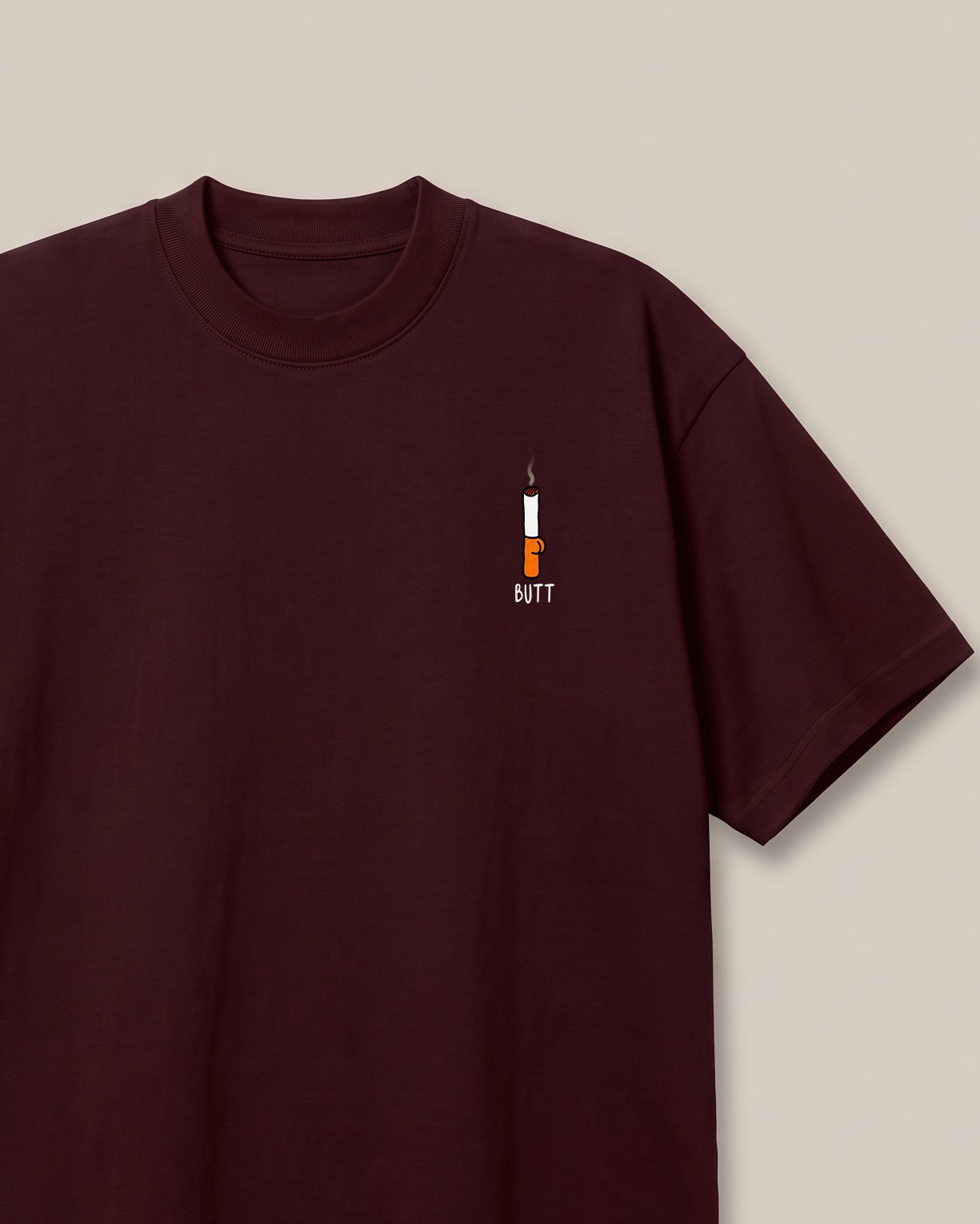 Cigarette Butt Maroon oversized t-shirt — cigarette butt minimalist pocket pun, front print