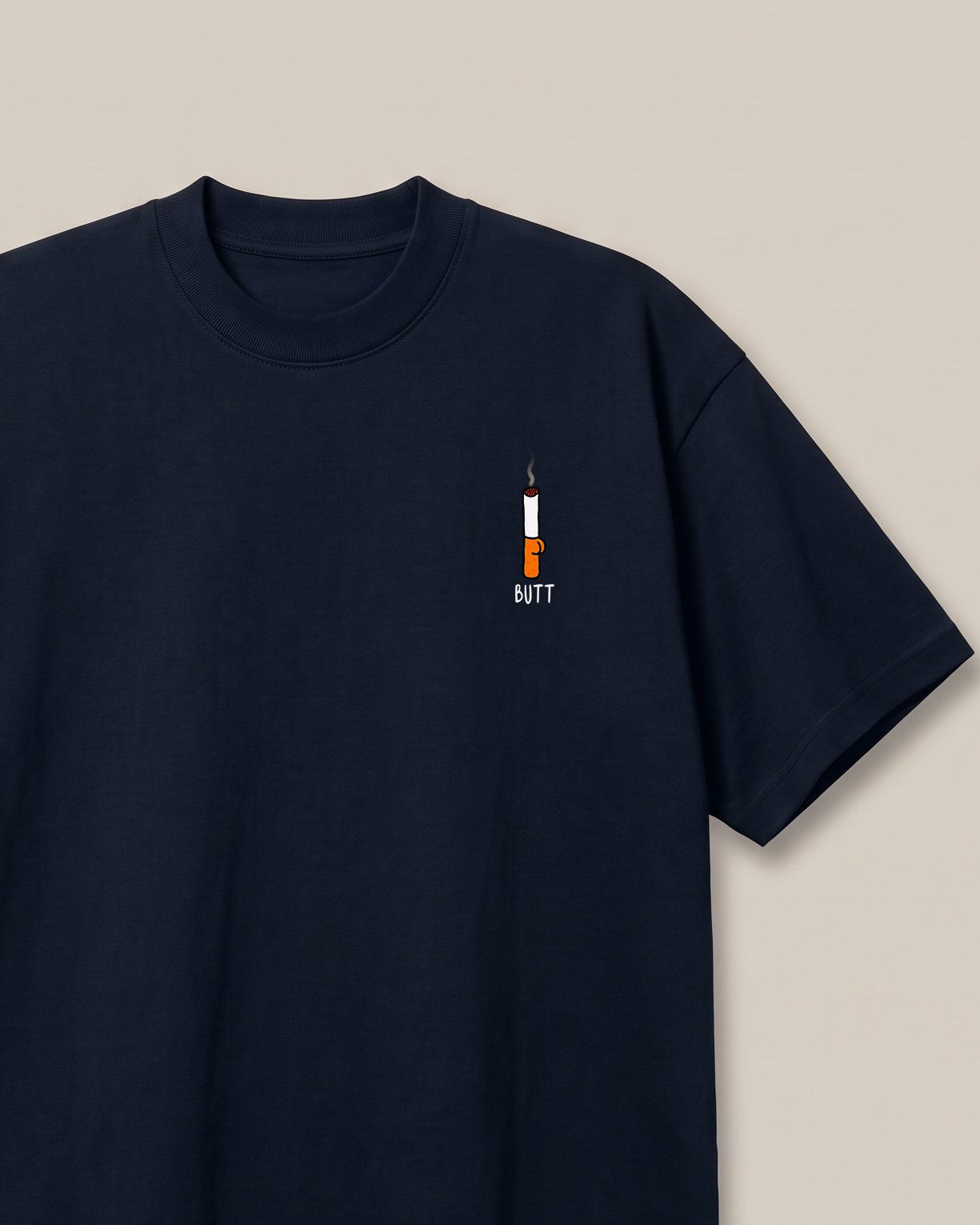 Cigarette Butt Navy oversized t-shirt — cigarette butt minimalist pocket pun, front print