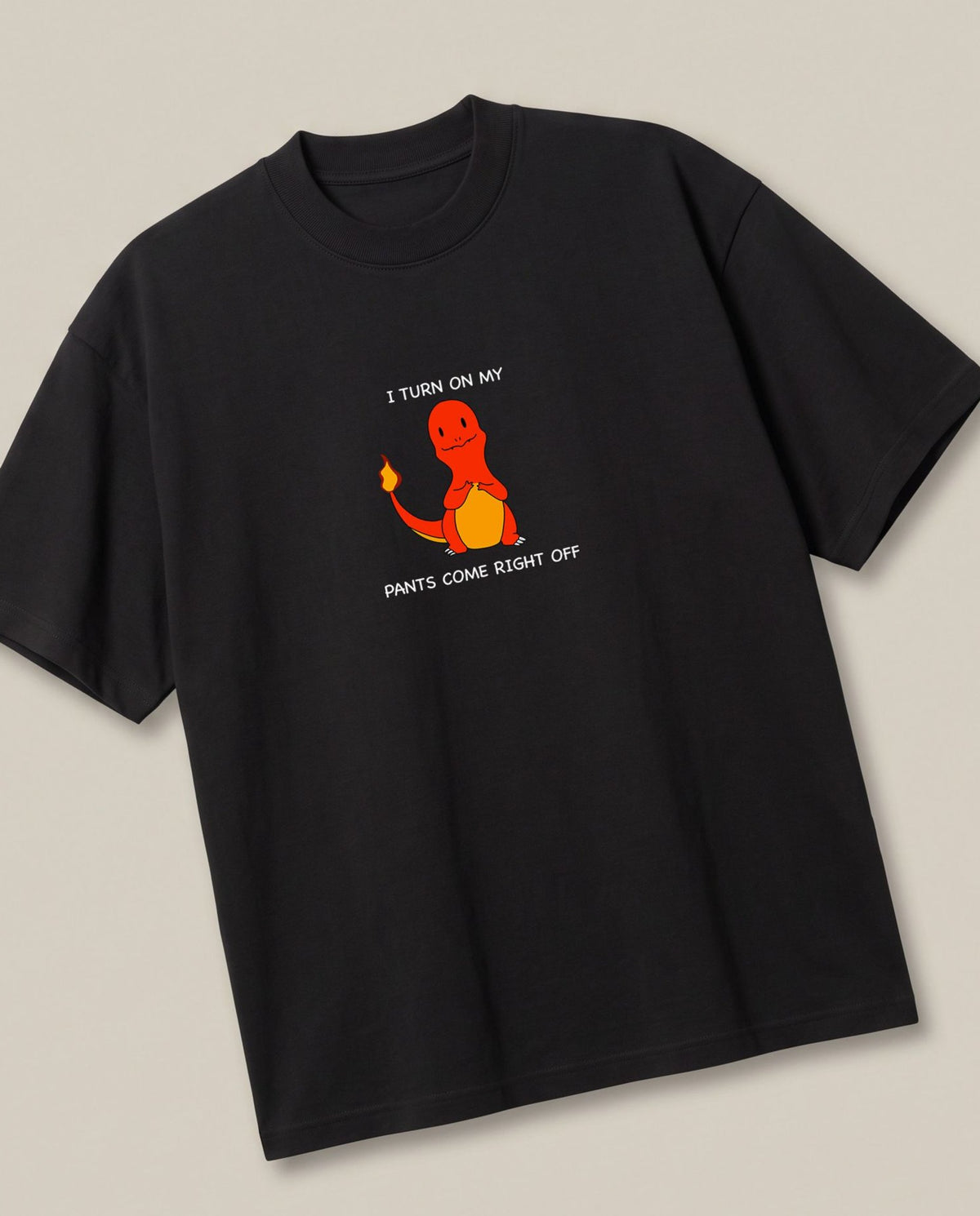 Charmander Black oversized t-shirt — charmender pokemon flirting, angled view