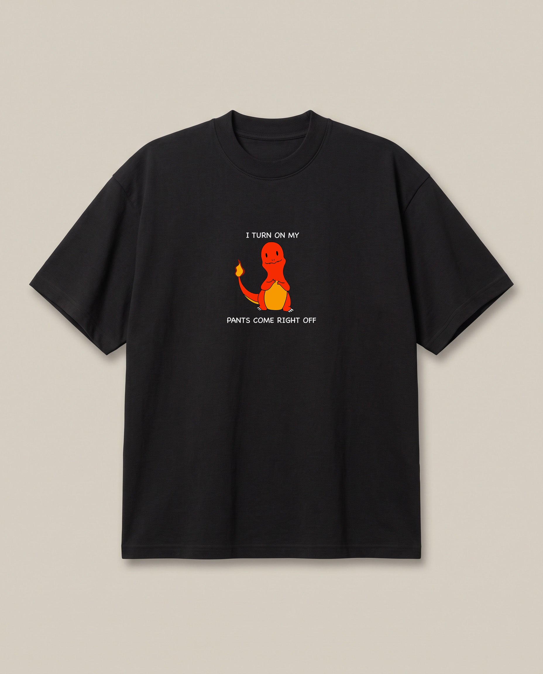 Charmander Black oversized t-shirt — charmender pokemon flirting, front print