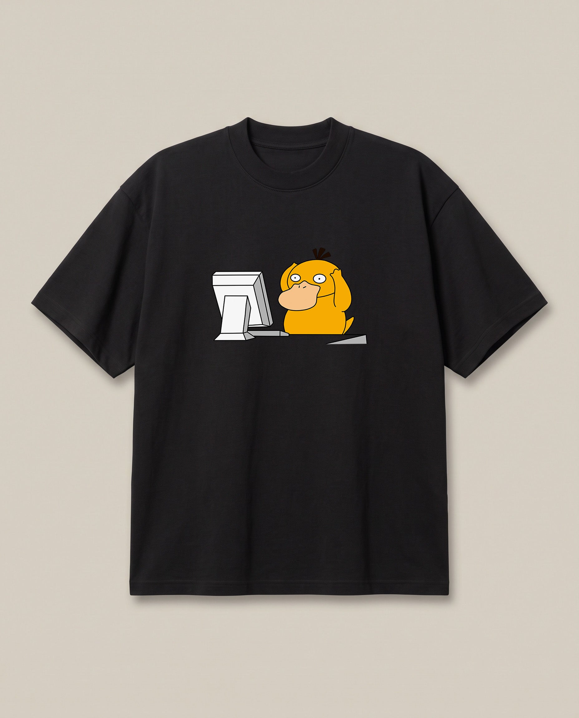 Corporate Psyduck Black oversized t-shirt — psyduck pokemon is afraid after seeing his office work, front print