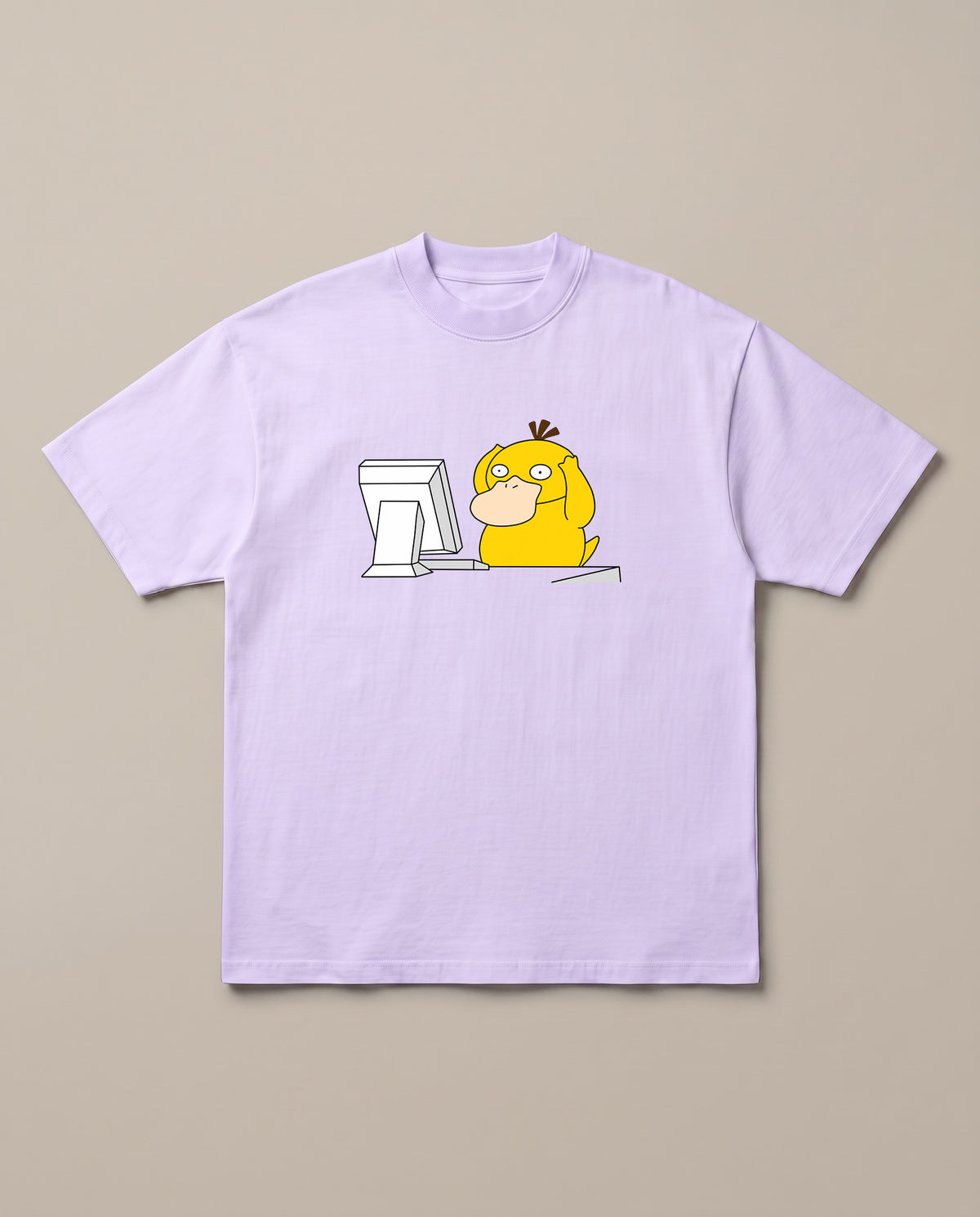 Corporate Psyduck Lavender oversized t-shirt — psyduck pokemon is afraid after seeing his office work, front print