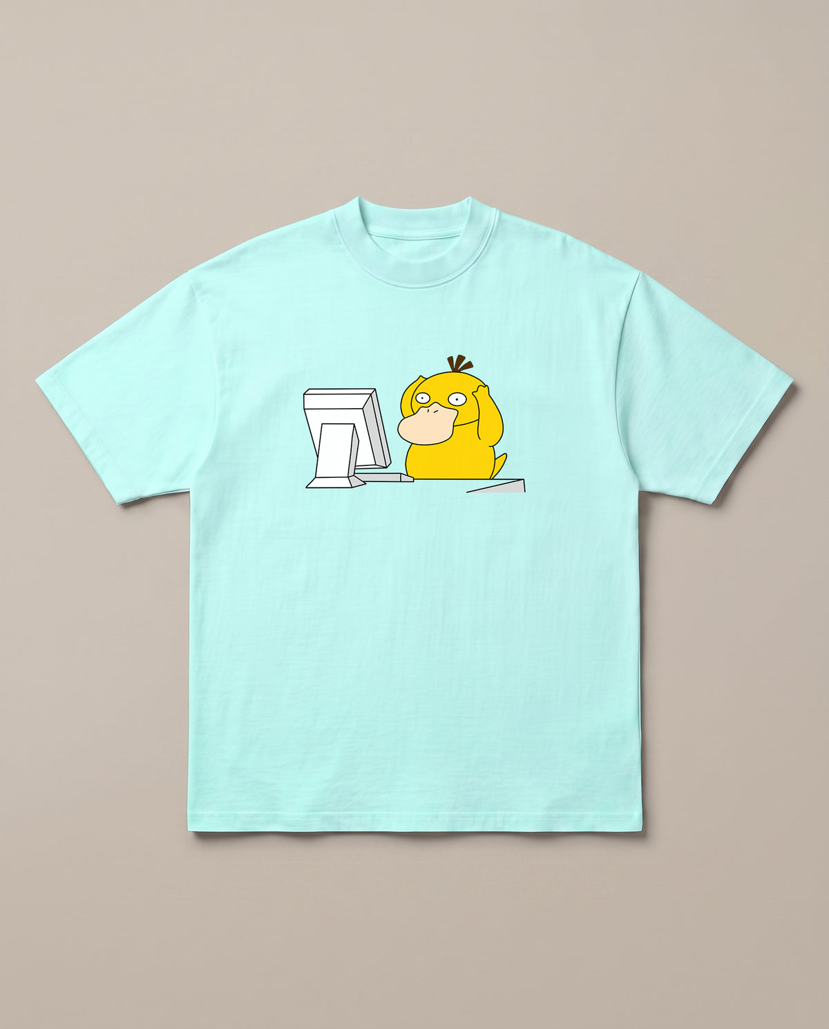 Corporate Psyduck Mint oversized t-shirt — psyduck pokemon is afraid after seeing his office work, front print