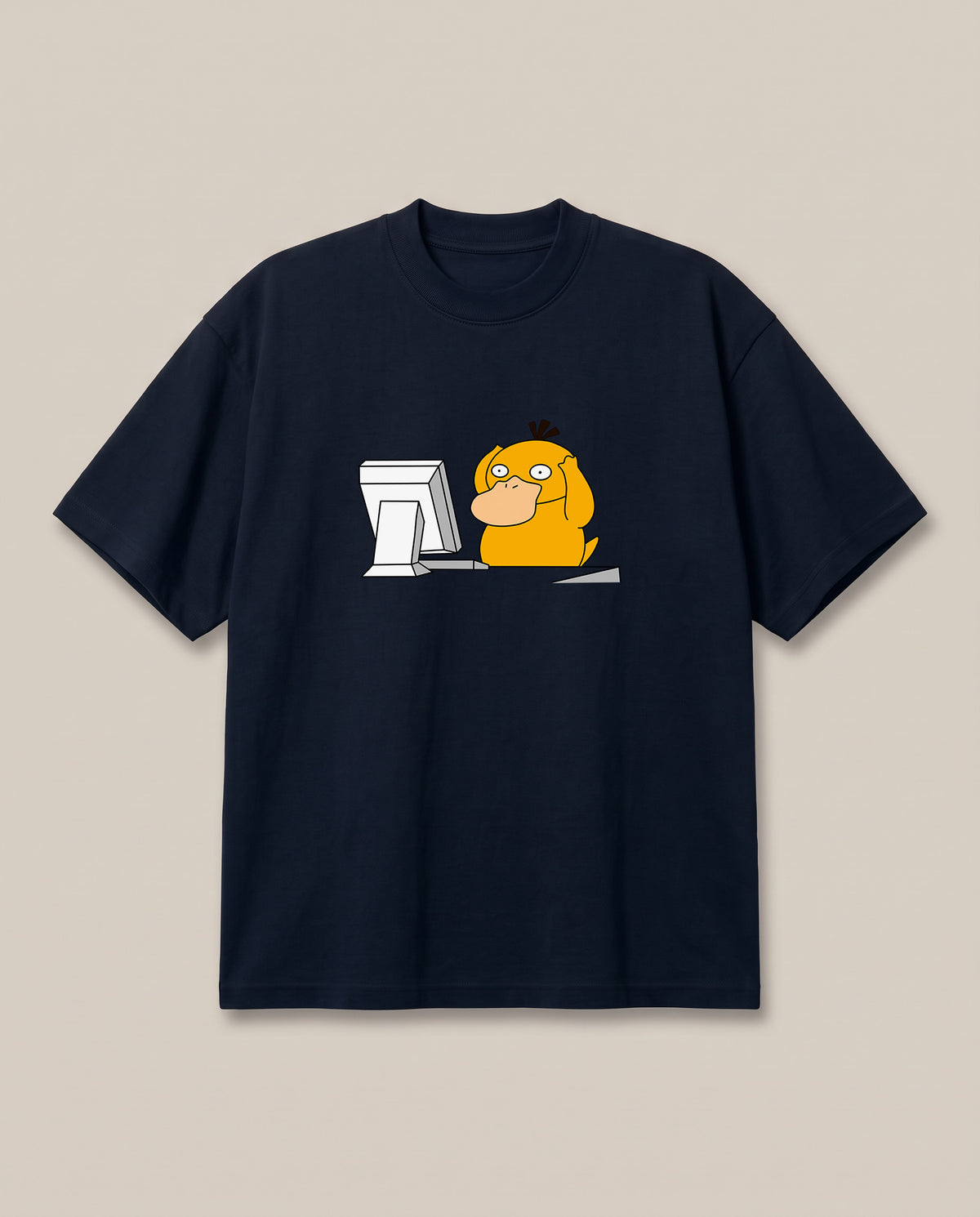 Corporate Psyduck Navy oversized t-shirt — psyduck pokemon is afraid after seeing his office work, front print