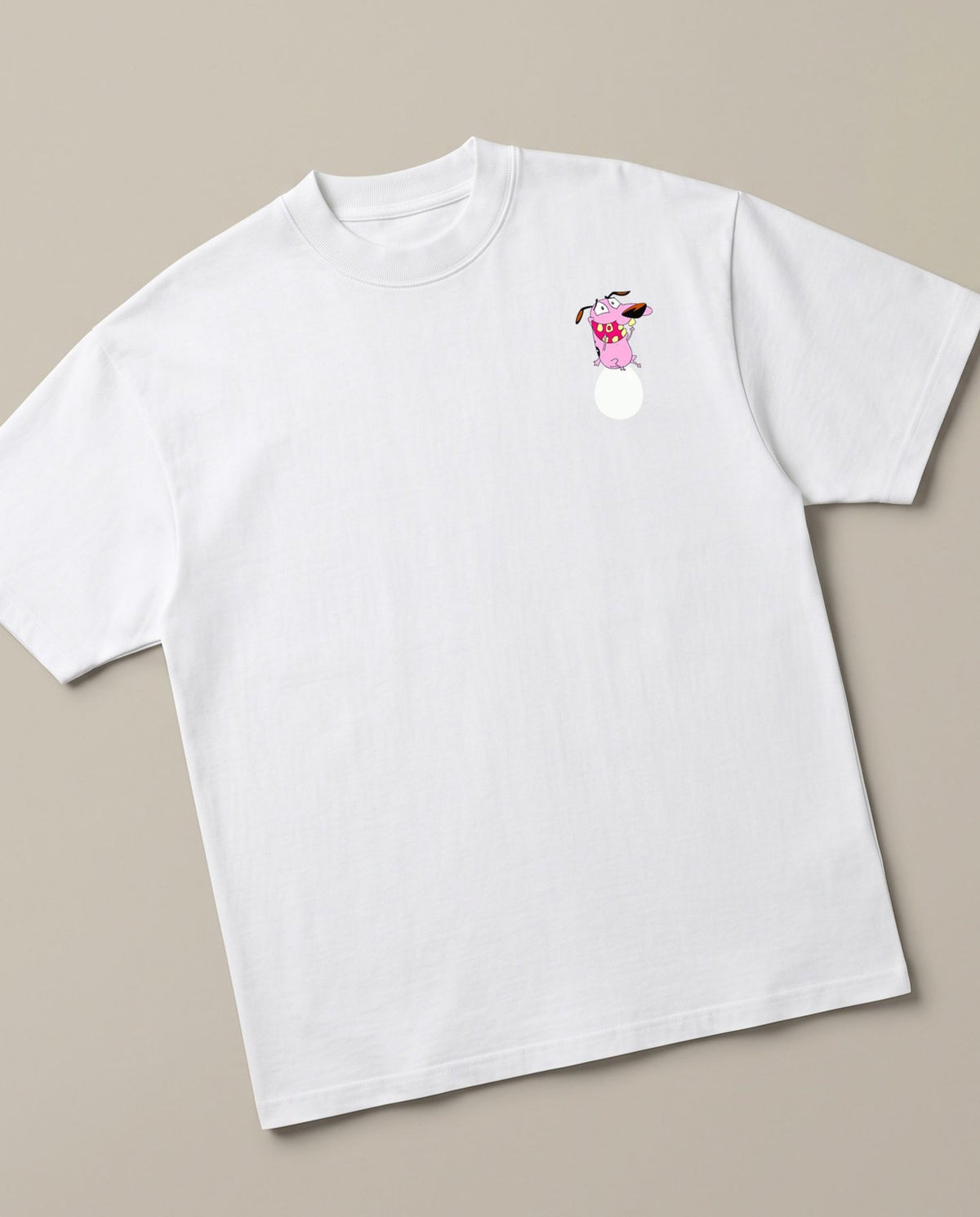 Courage's Egg-Sitting Adventure White oversized t-shirt, angled view