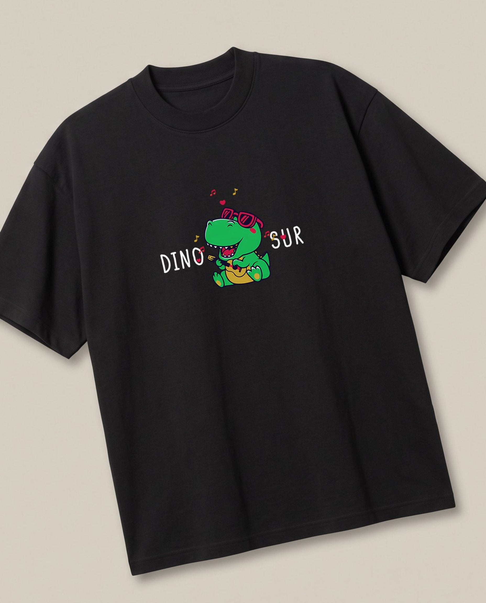 Dino-Sur Black oversized t-shirt — dinosaur singing funny, angled view