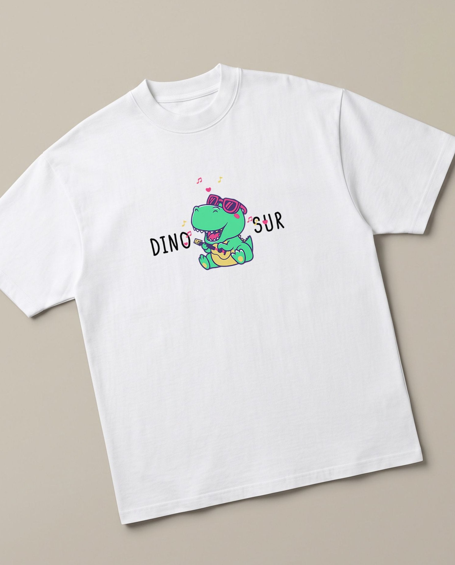 Dino-Sur White oversized t-shirt — dinosaur singing funny, angled view