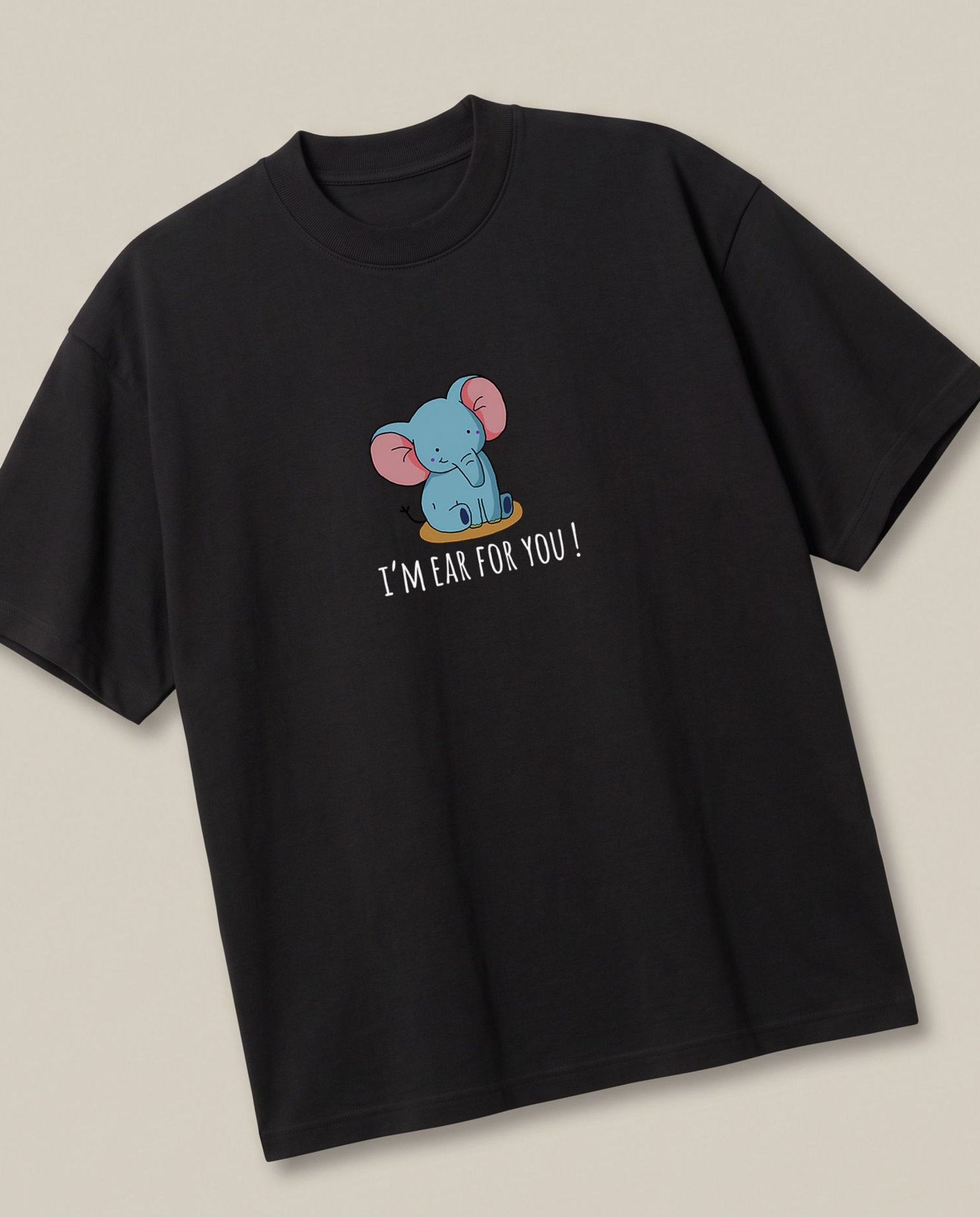 Ear for you. Black oversized t-shirt — elephant pun romantic, angled view