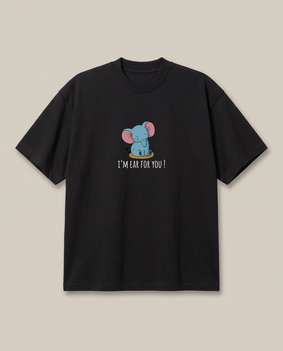 Ear for you. Black oversized t-shirt — elephant pun romantic, front print