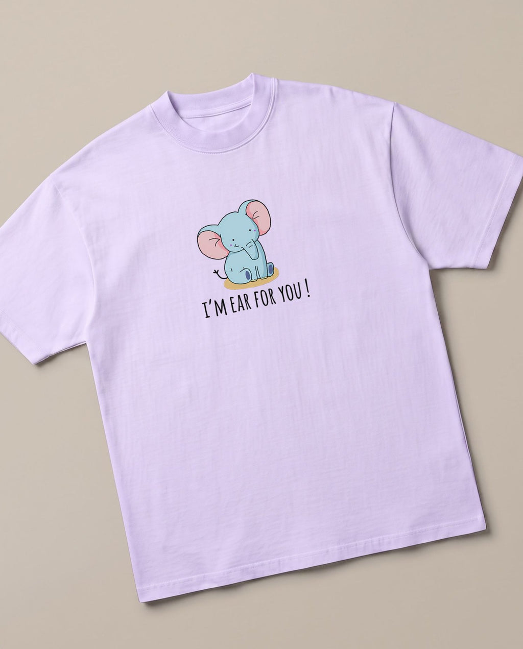 Ear for you. Lavender oversized t-shirt — elephant pun romantic, angled view