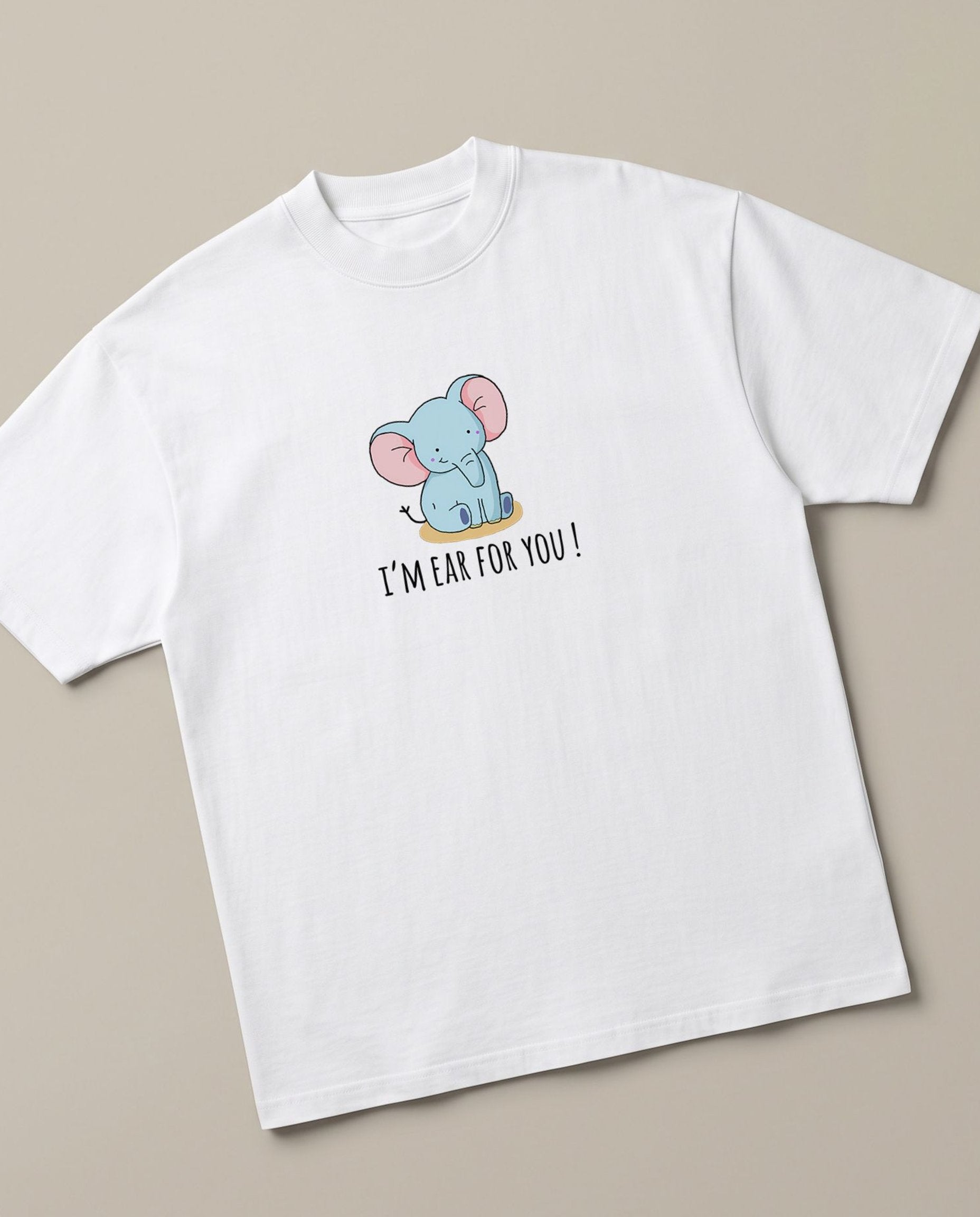 Ear for you. White oversized t-shirt — elephant pun romantic, angled view