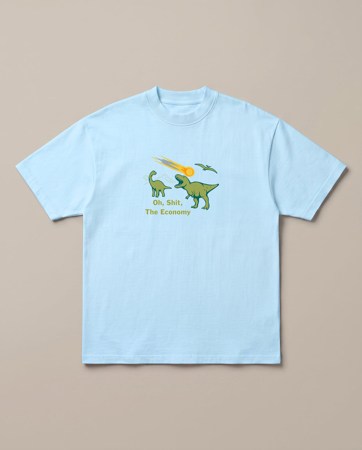 Extinction-Level Recession Baby Blue oversized t-shirt — earth is crashing due to crashed economy, front print