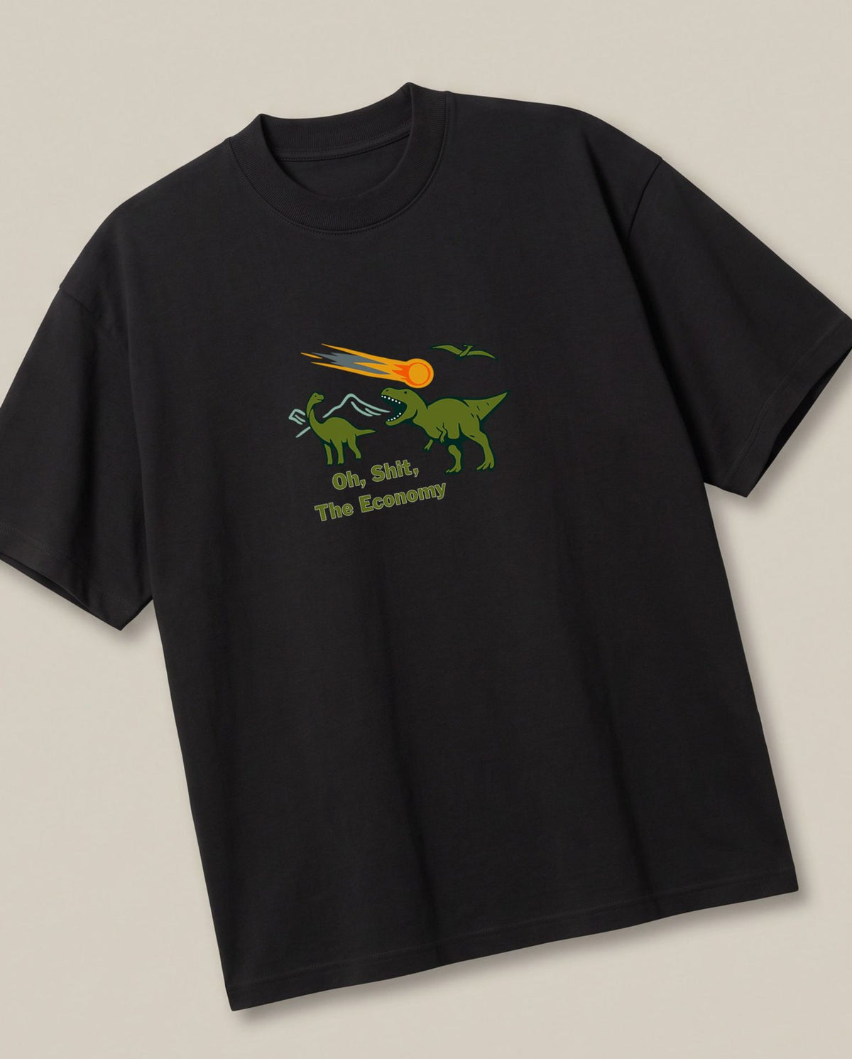 Extinction-Level Recession Black oversized t-shirt — earth is crashing due to crashed economy, angled view