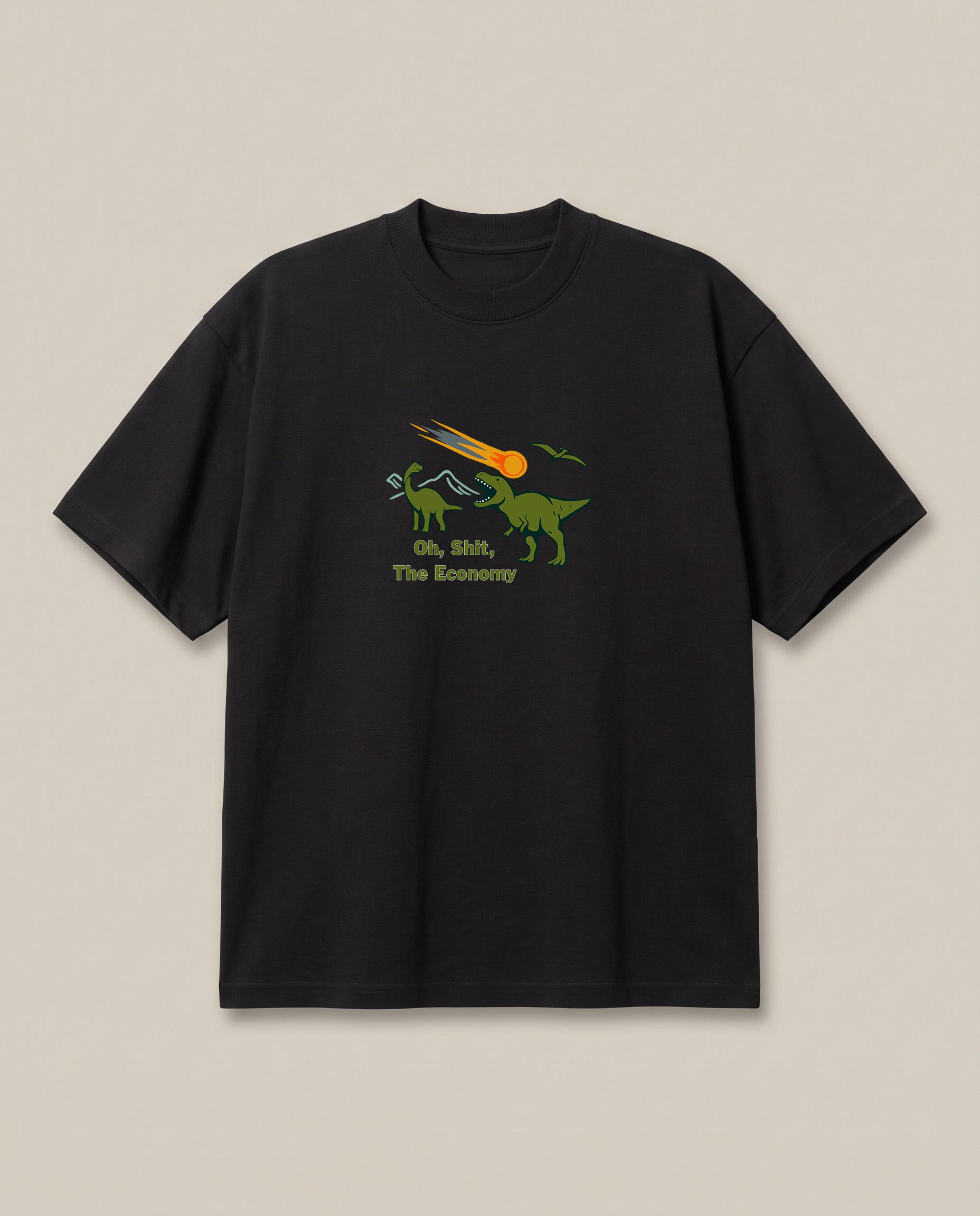 Extinction-Level Recession Black oversized t-shirt — earth is crashing due to crashed economy, front print