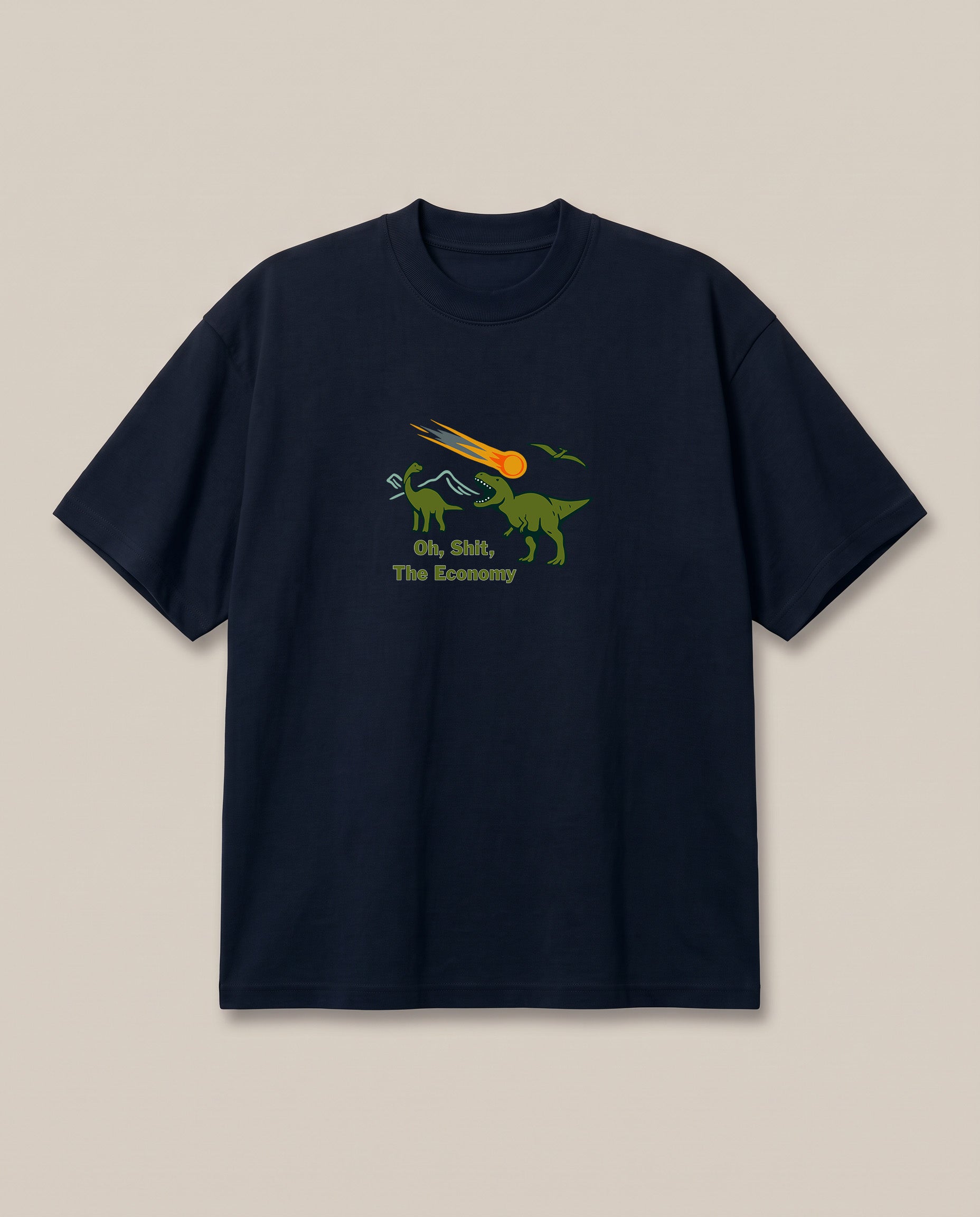 Extinction-Level Recession Navy oversized t-shirt — earth is crashing due to crashed economy, front print