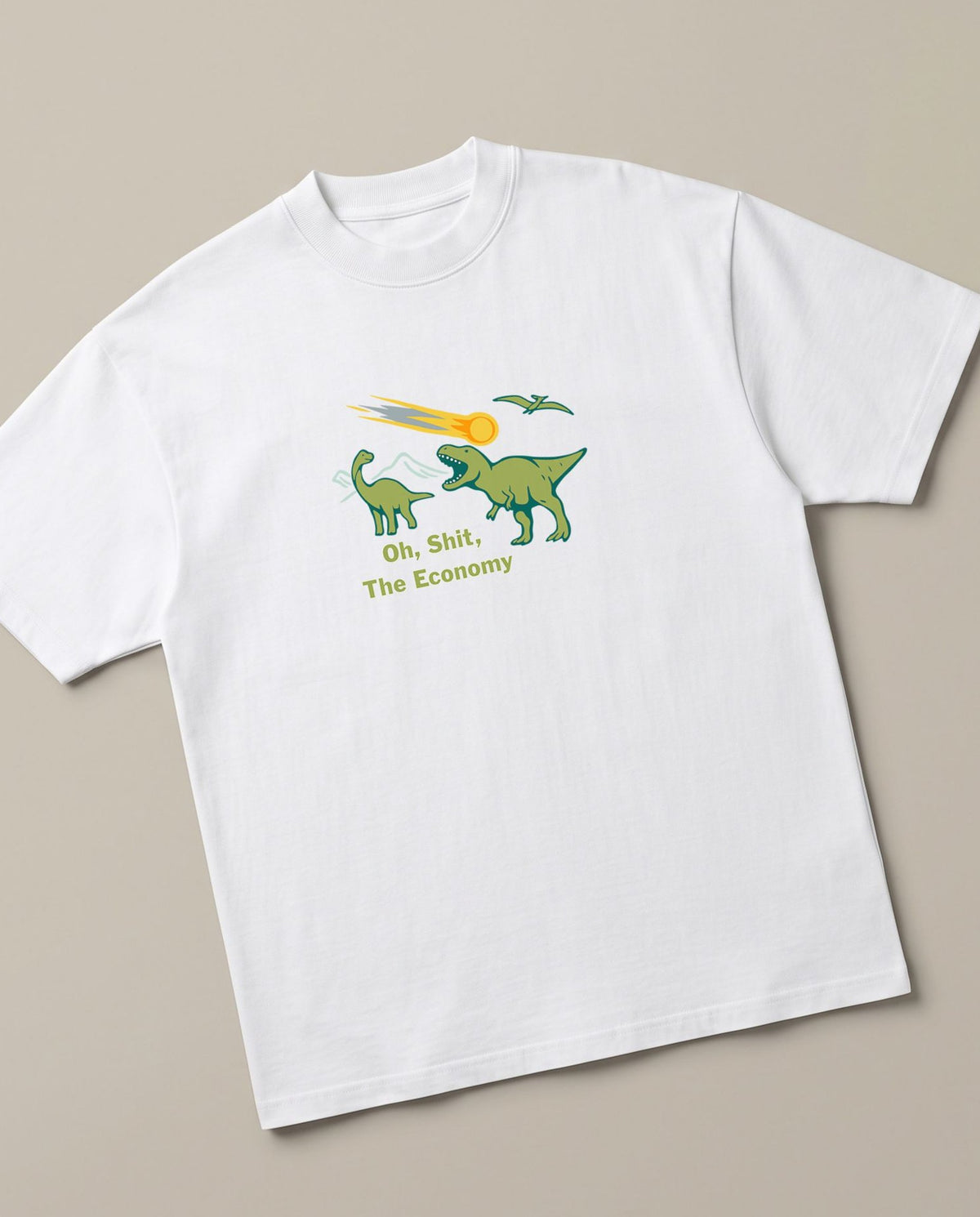 Extinction-Level Recession White oversized t-shirt — earth is crashing due to crashed economy, angled view