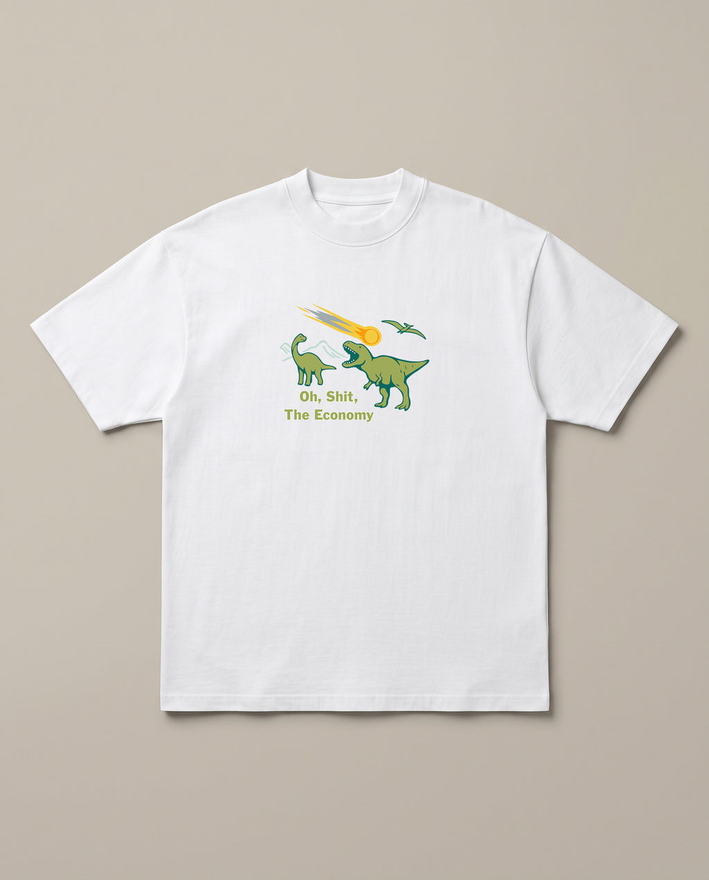 Extinction-Level Recession White oversized t-shirt — earth is crashing due to crashed economy, front print