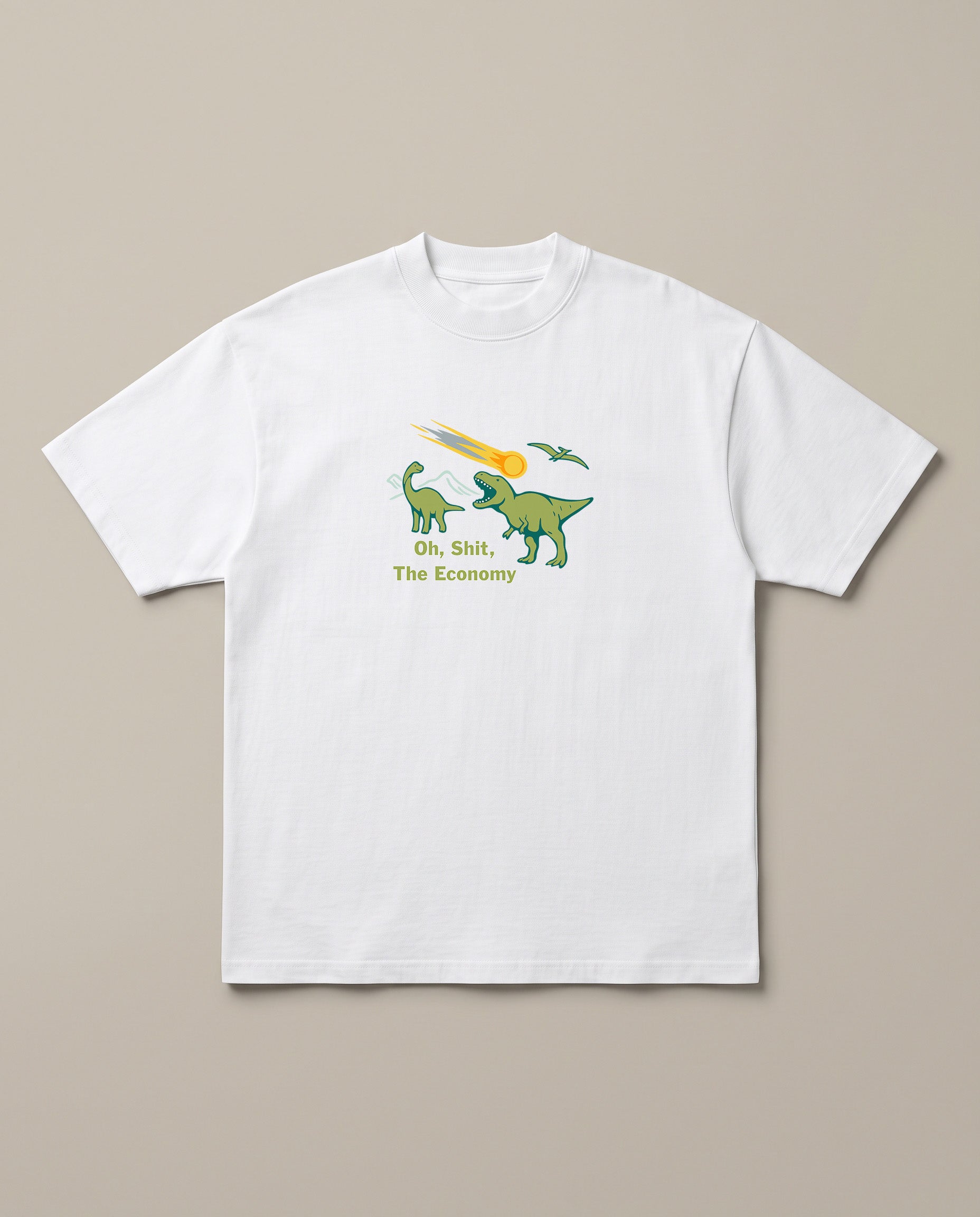 Extinction-Level Recession White oversized t-shirt — earth is crashing due to crashed economy, front print