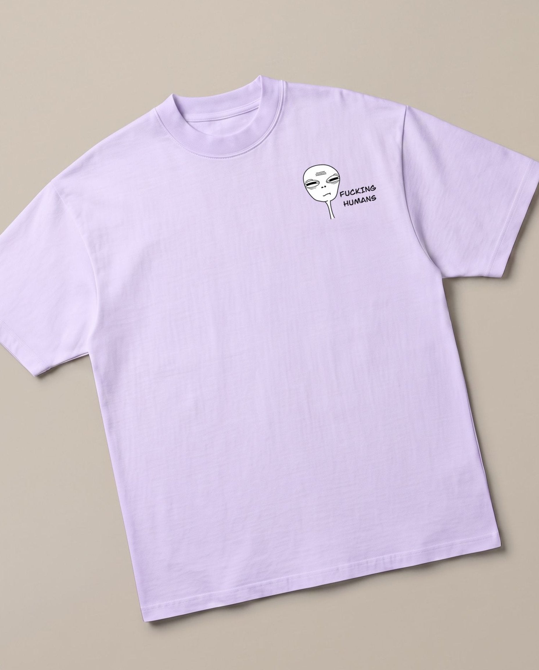 F**king Humans Lavender oversized t-shirt — alien hating human, angled view