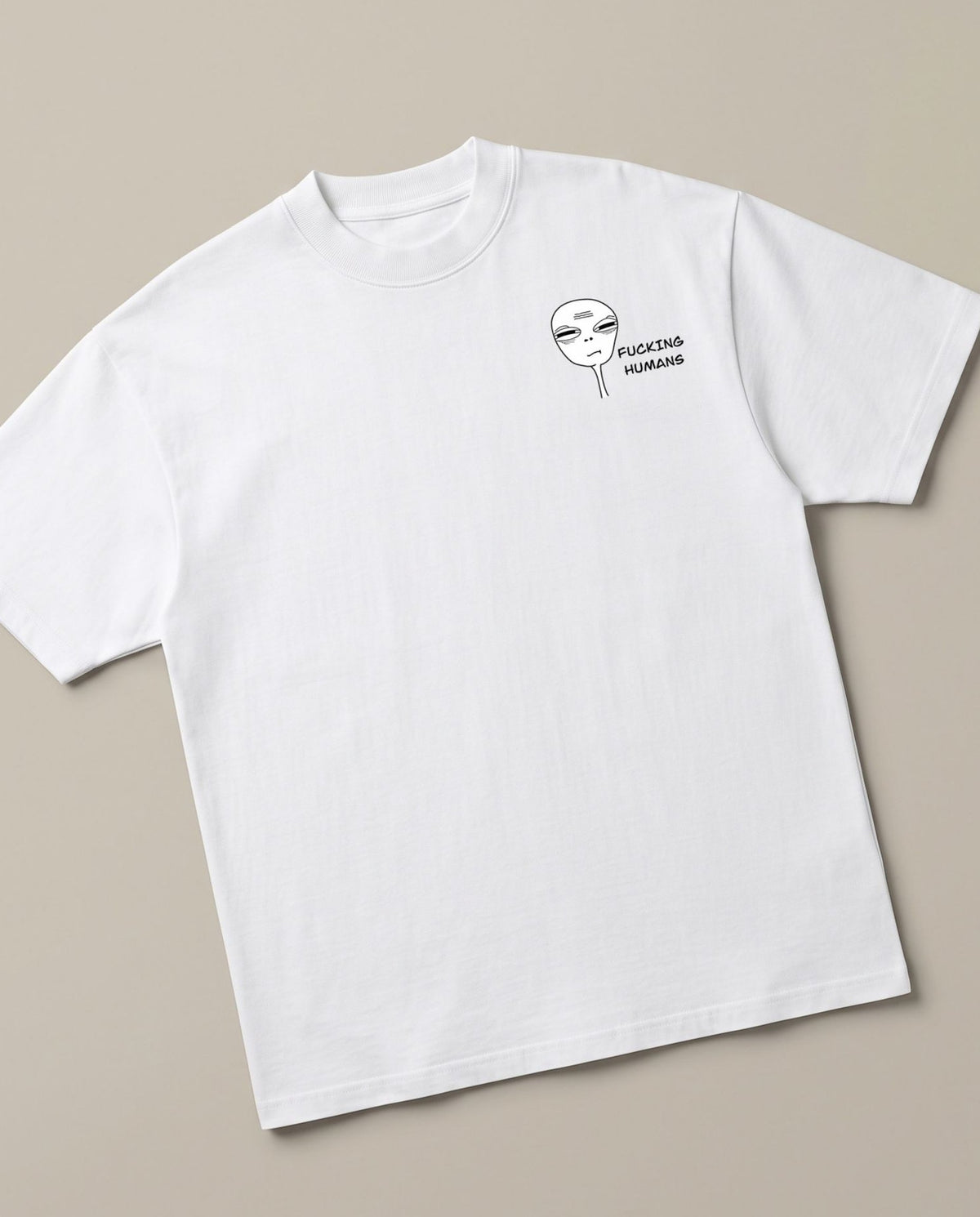 F**king Humans White oversized t-shirt — alien hating human, angled view