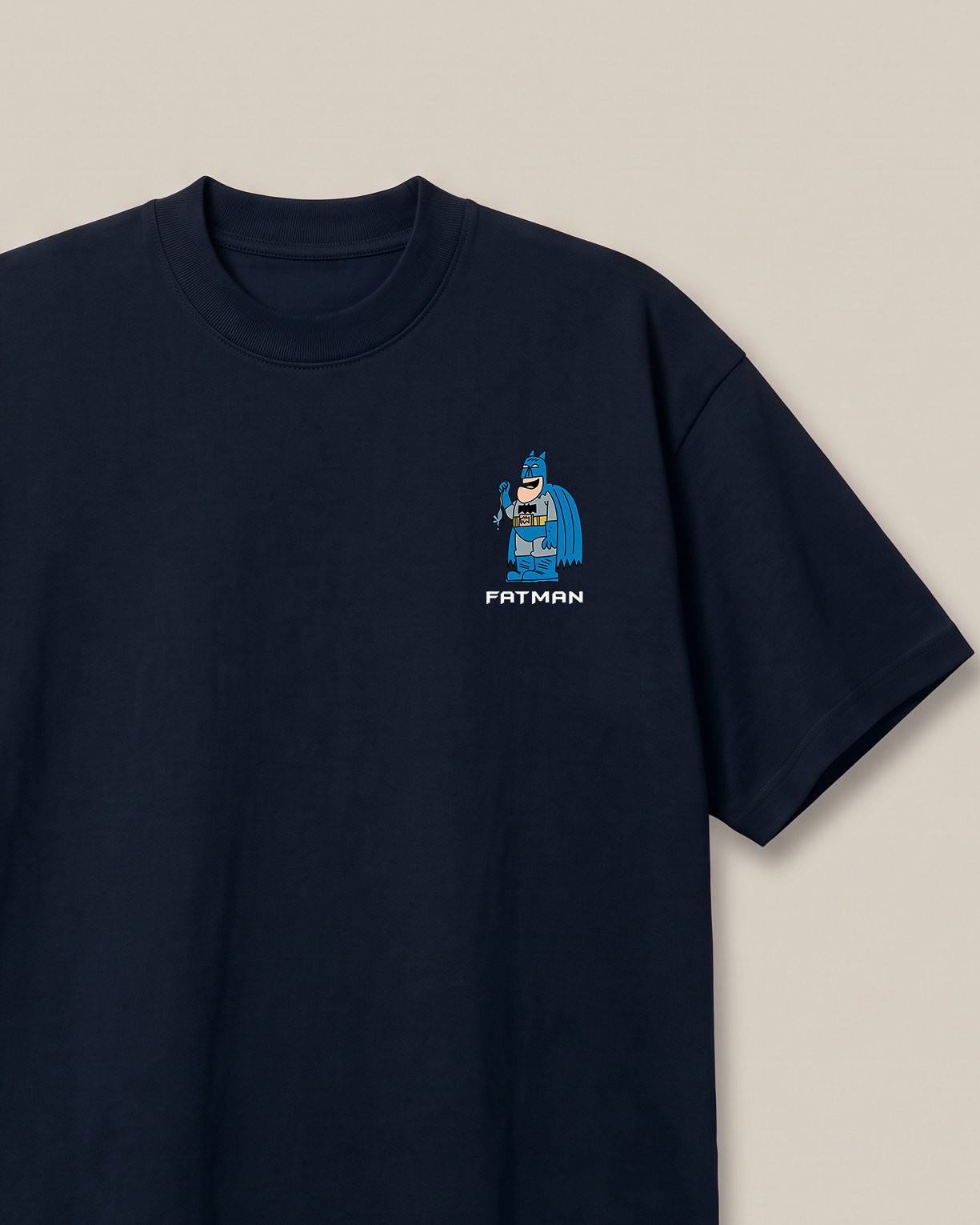 Fatman Navy oversized t-shirt — fat batman giving competition to penguin, front print