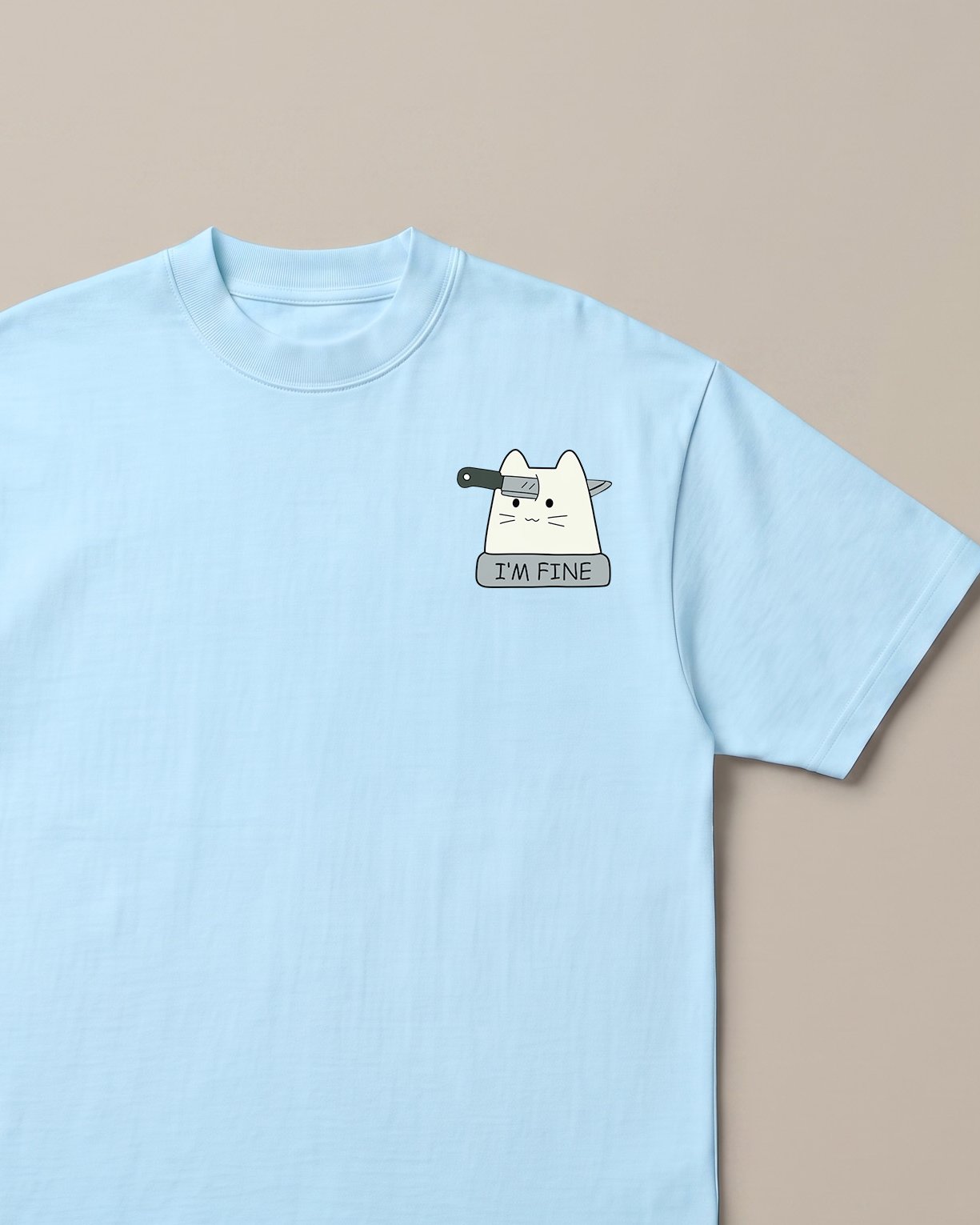 Fine Baby Blue oversized t-shirt — cat with a knife sarcastic fine, front print