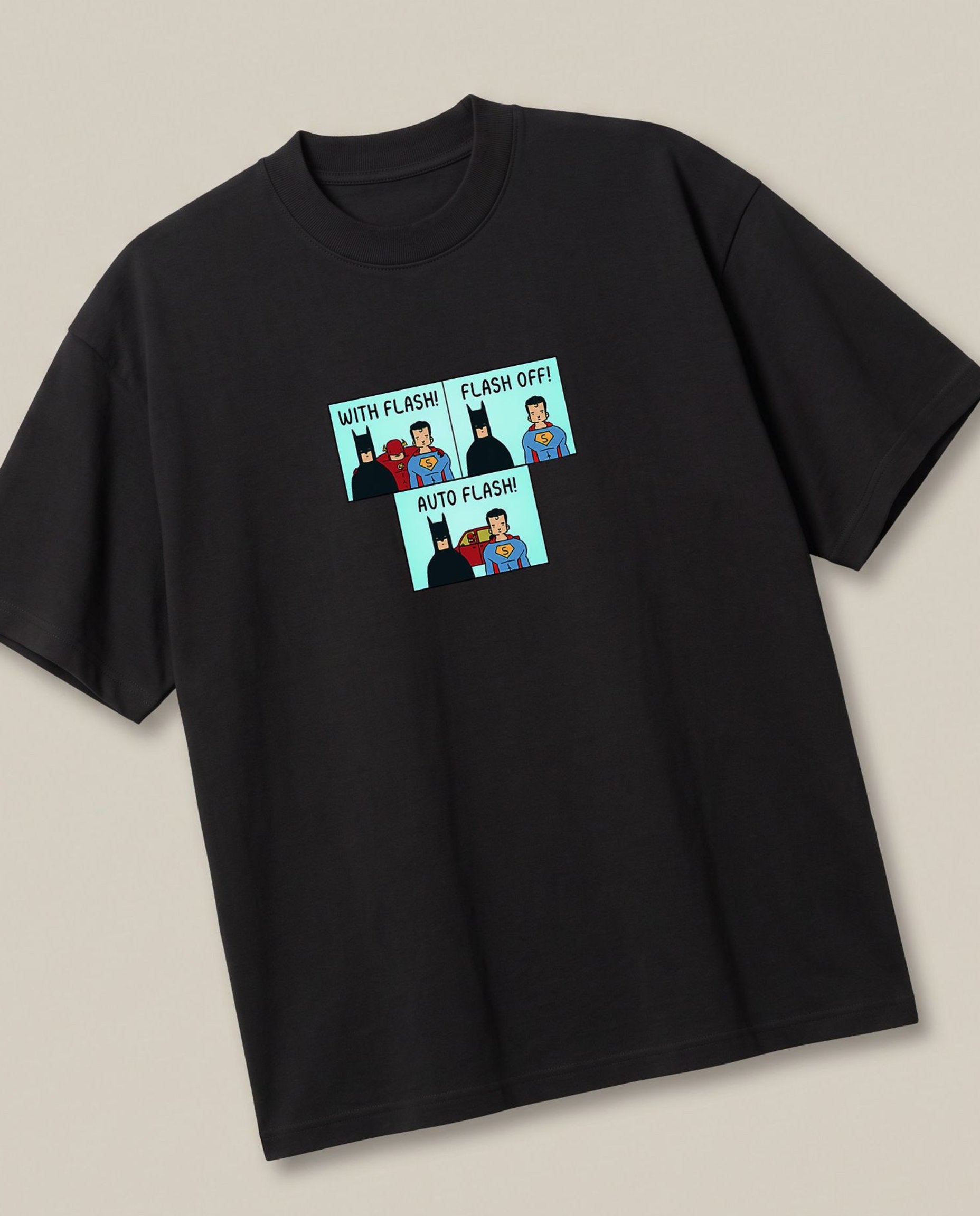 Auto Flash t-shirt Black oversized t-shirt — dc batman superman flash joke, angled view