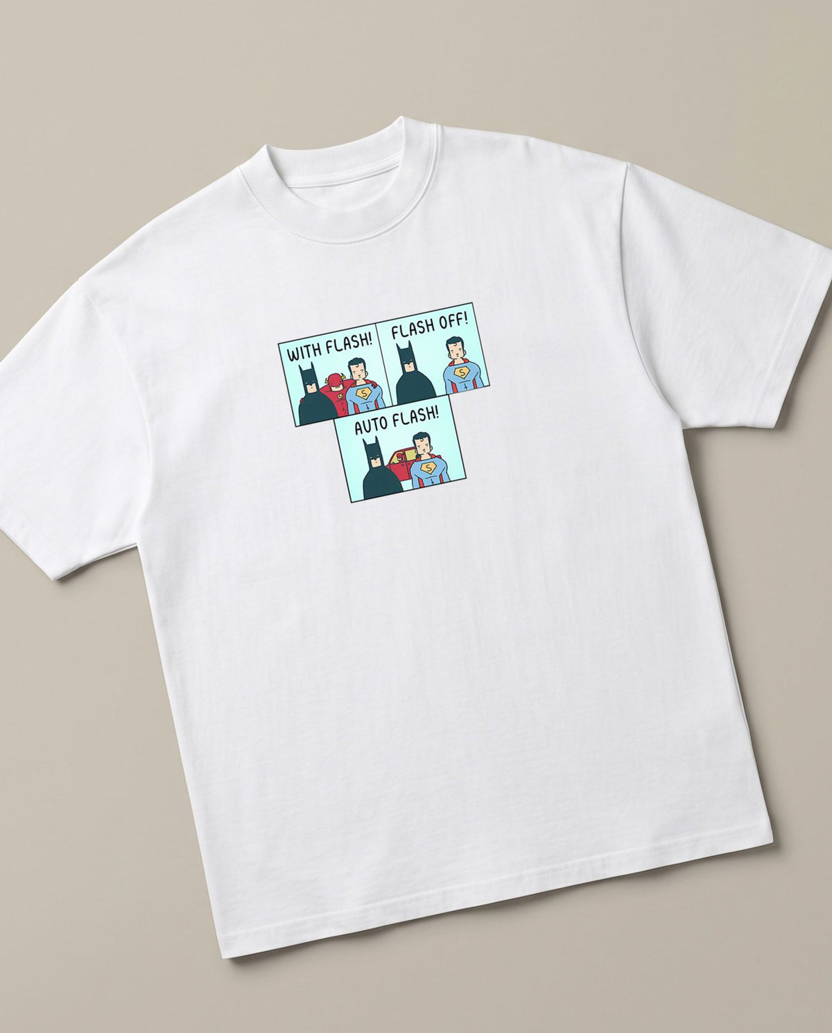 Auto Flash t-shirt White oversized t-shirt — dc batman superman flash joke, angled view