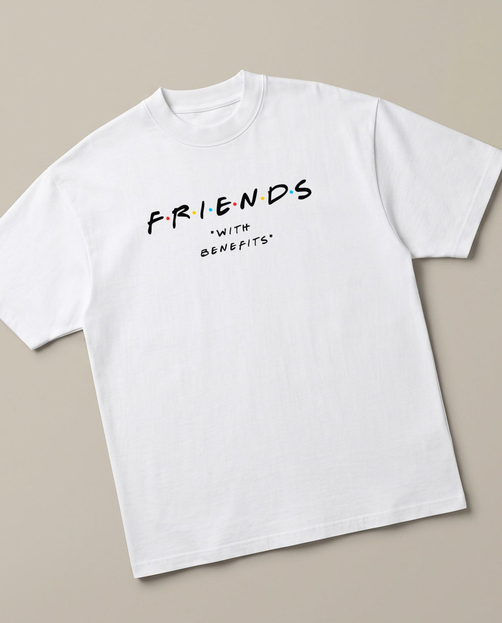 Friends With Benefits White oversized t-shirt — friends tv show logo parody with benefits, angled view