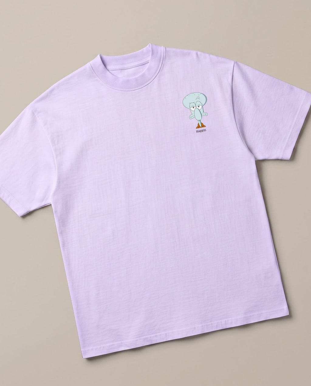 Happy Lavender oversized t-shirt — squidward is not happy spongebob, angled view