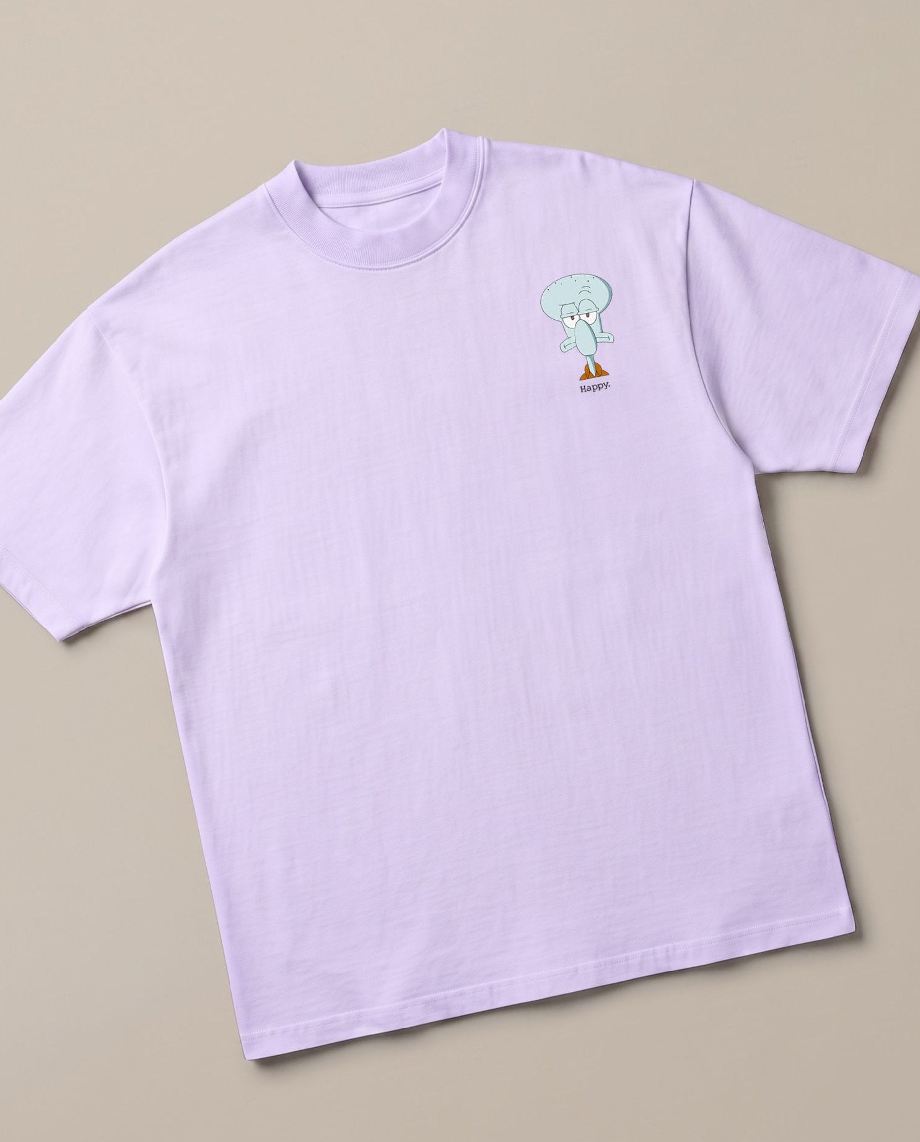 Happy Lavender oversized t-shirt — squidward is not happy spongebob, angled view