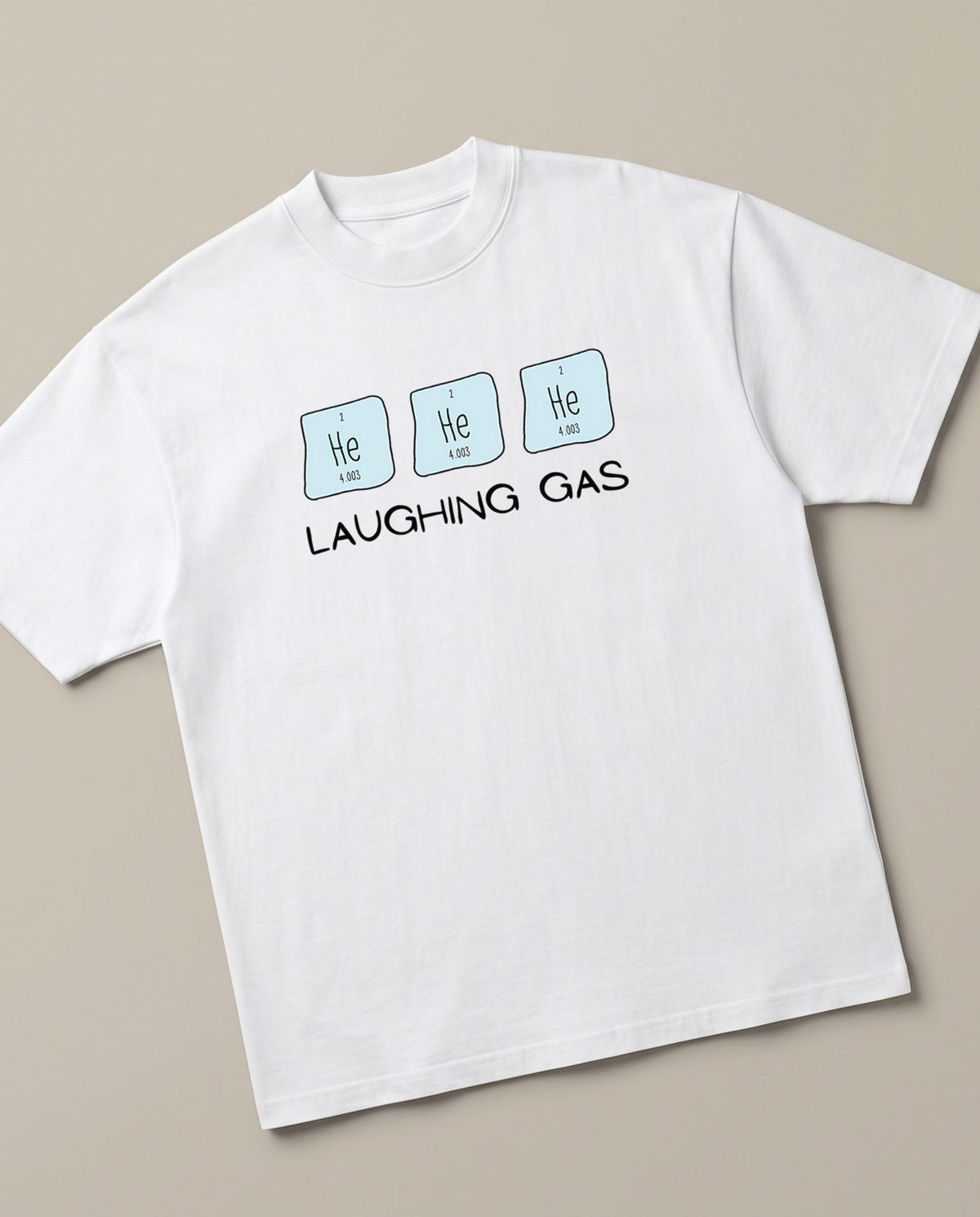 Hehehe White oversized t-shirt — chemistry joke laughing gas, angled view